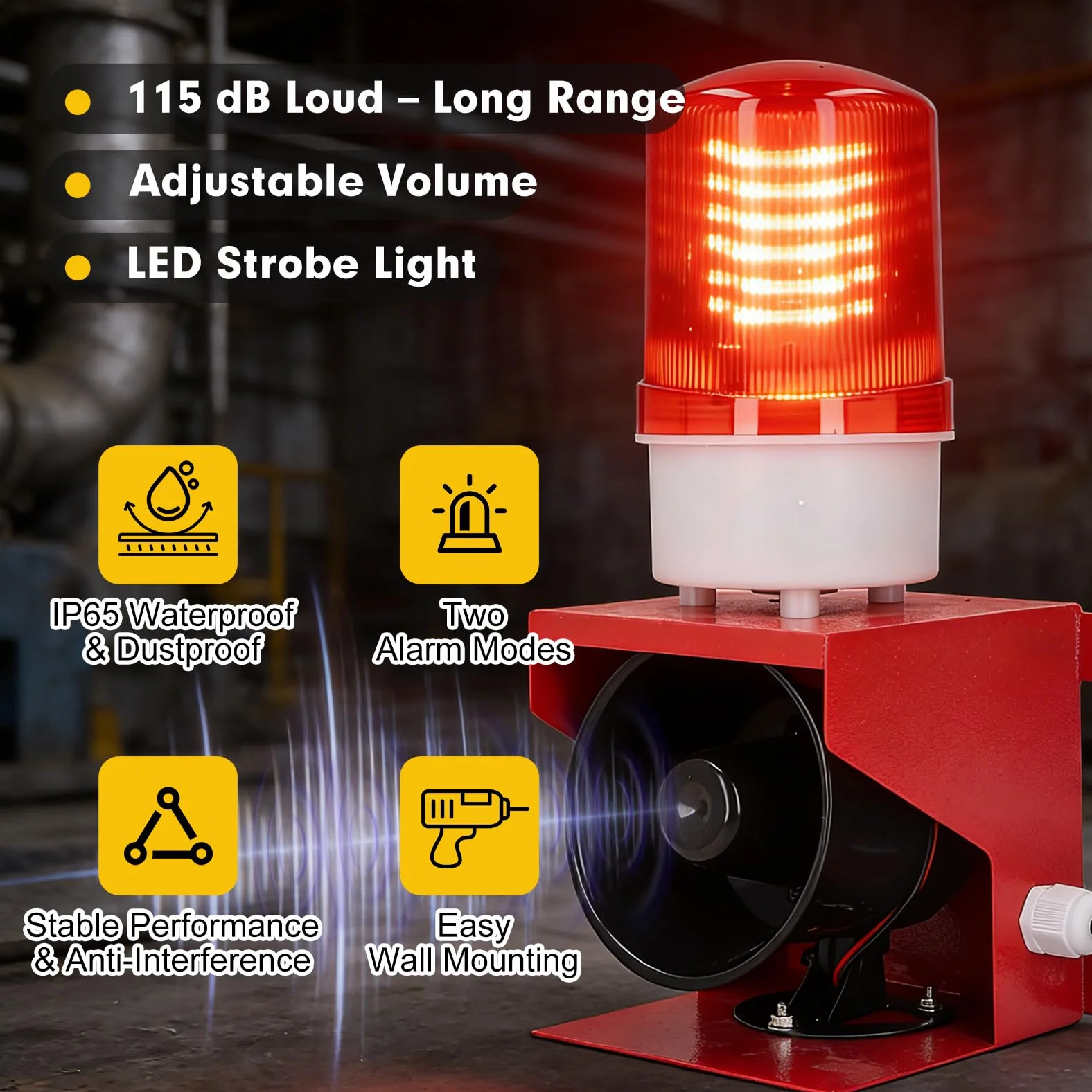 Sirena Industrial 115 dB con Luz LED Intermitente, Volumen Ajustable, IP65 Impermeable, Alarma Acústica y Visual AC 220V, Avisador de Seguridad, Luz de Advertencia LED, Enchufe UE