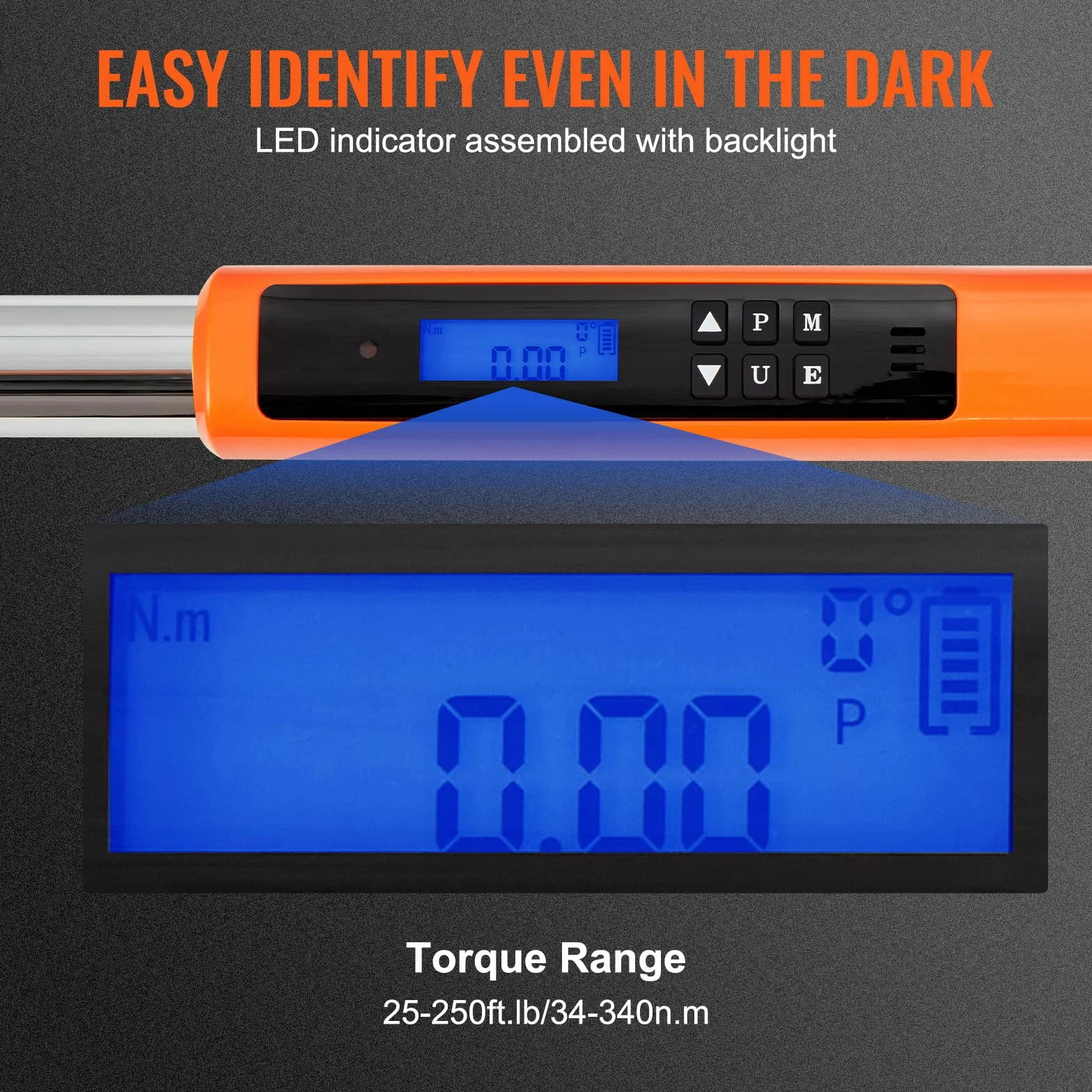 VEVOR Llave Dinamométrica Digital 1/2" Llave de Torsión 34-340 N.m Precisión ±2% Llave de Carraca Ajustable 72 Dientes LED Zumbador Vibración Respaldo con Adaptadores Extensión Kit de Mantenimiento