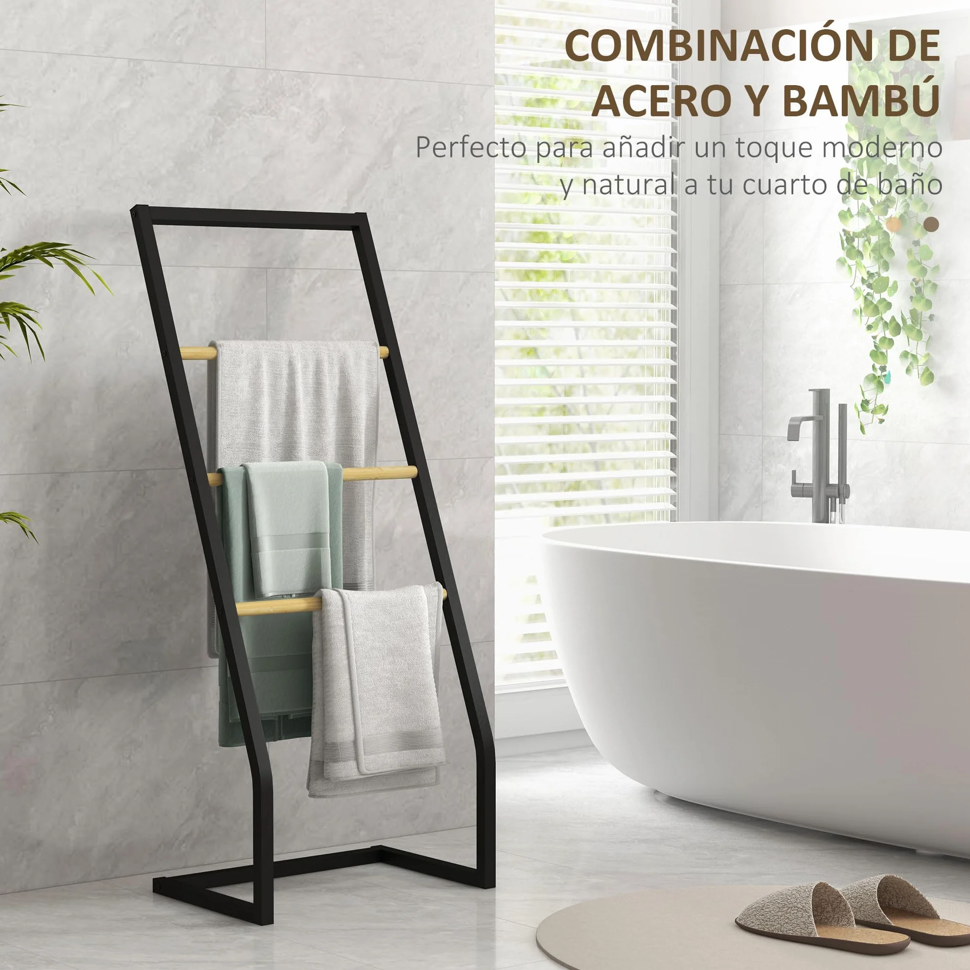 HOMCOM Toallero de Pie Toallero para Baño con 4 Barras de Bambú y Acero para Lavadero 40,5x28x98 cm Negro y Natural