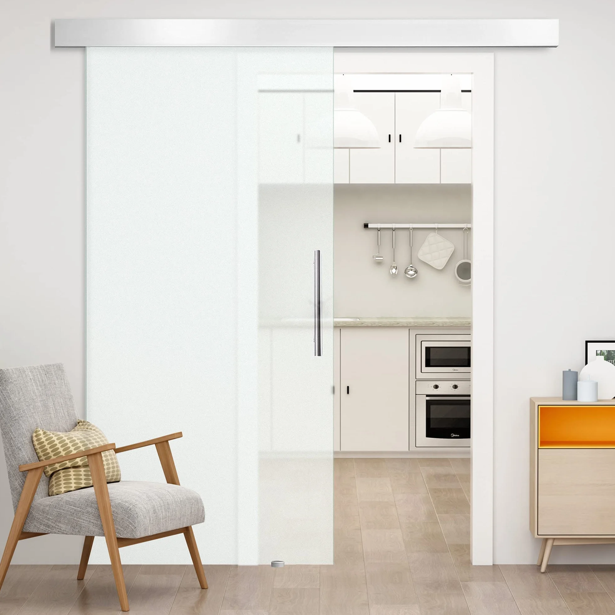 HOMCOM Puerta Corredera 102,5x205 cm Puerta Corrediza de Cristal con Riel Silenciosa para Sala de Estar Comedor Translúcido