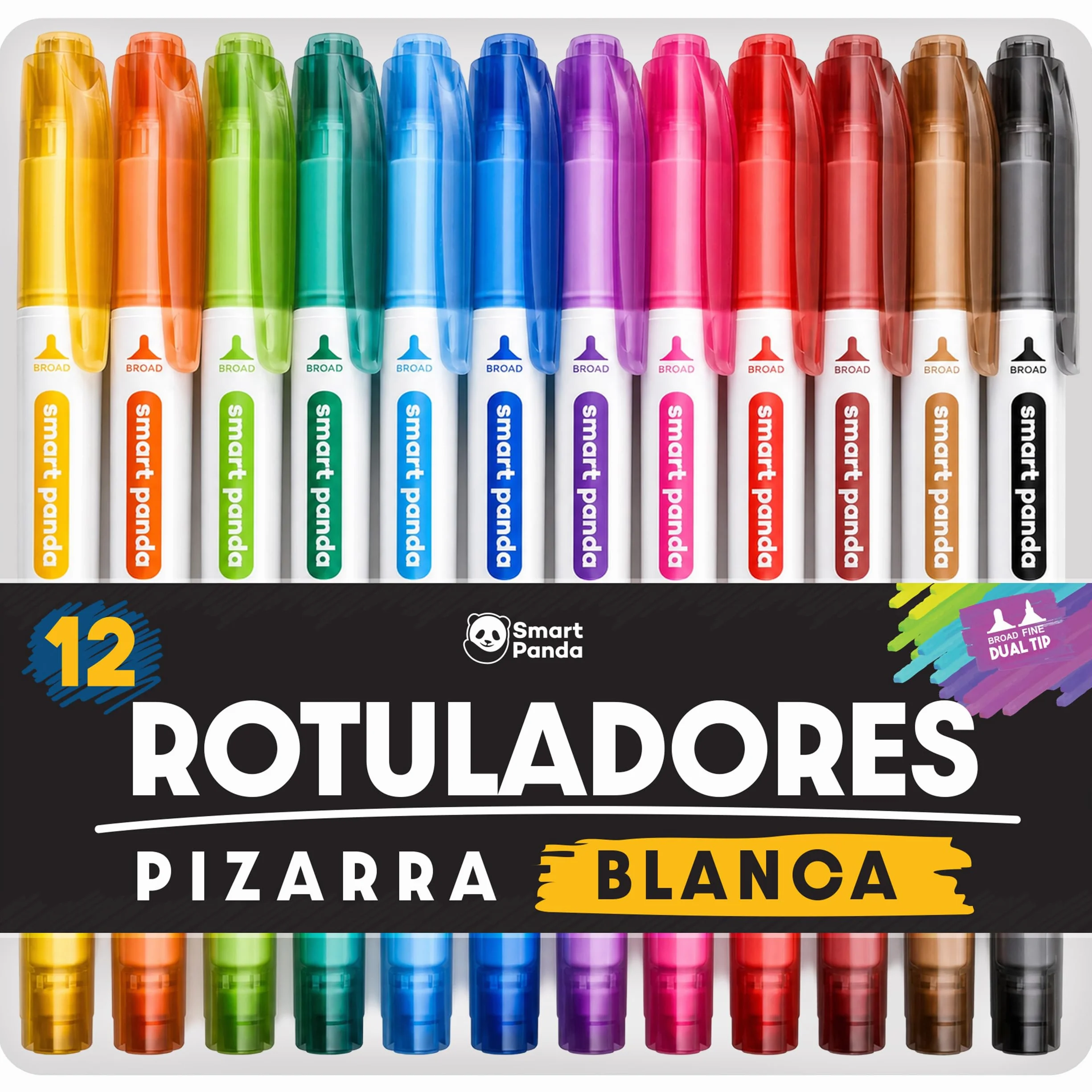 SmartPanda Rotulador Pizarra Blanca Punta Doble Mediana y Fina Borrado en Seco 12 Colores