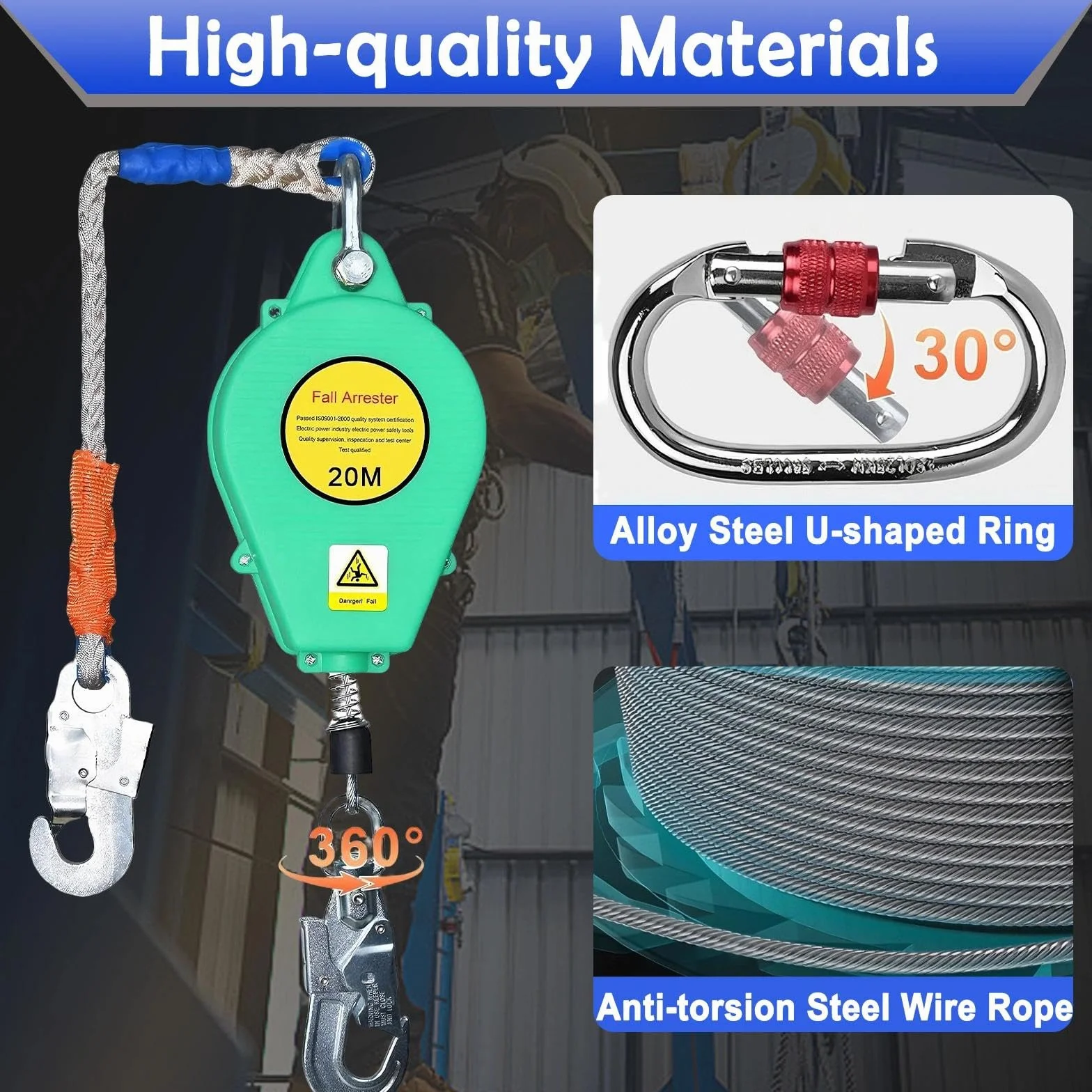 Dispositivo Anticaidas Retráctil 3-20m, Arnés de Seguridad Anticaídas Retráctil Homologado, Anticaidas Retractil Seguridad para Techado y Construcción, Carga:150kg(Verde,10m)
