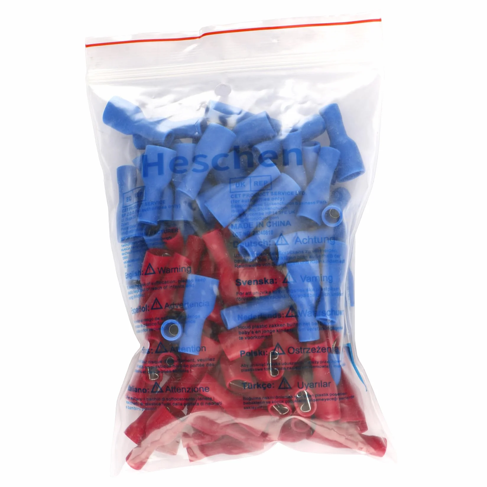 Heschen Terminales rápidos hembra de vinilo totalmente aislados 6.3x0.8mm, rojo para 0.5-1.5mm² (22-16 AWG), azul para 1.5-2.5mm² (16-14 AWG), 100Pack