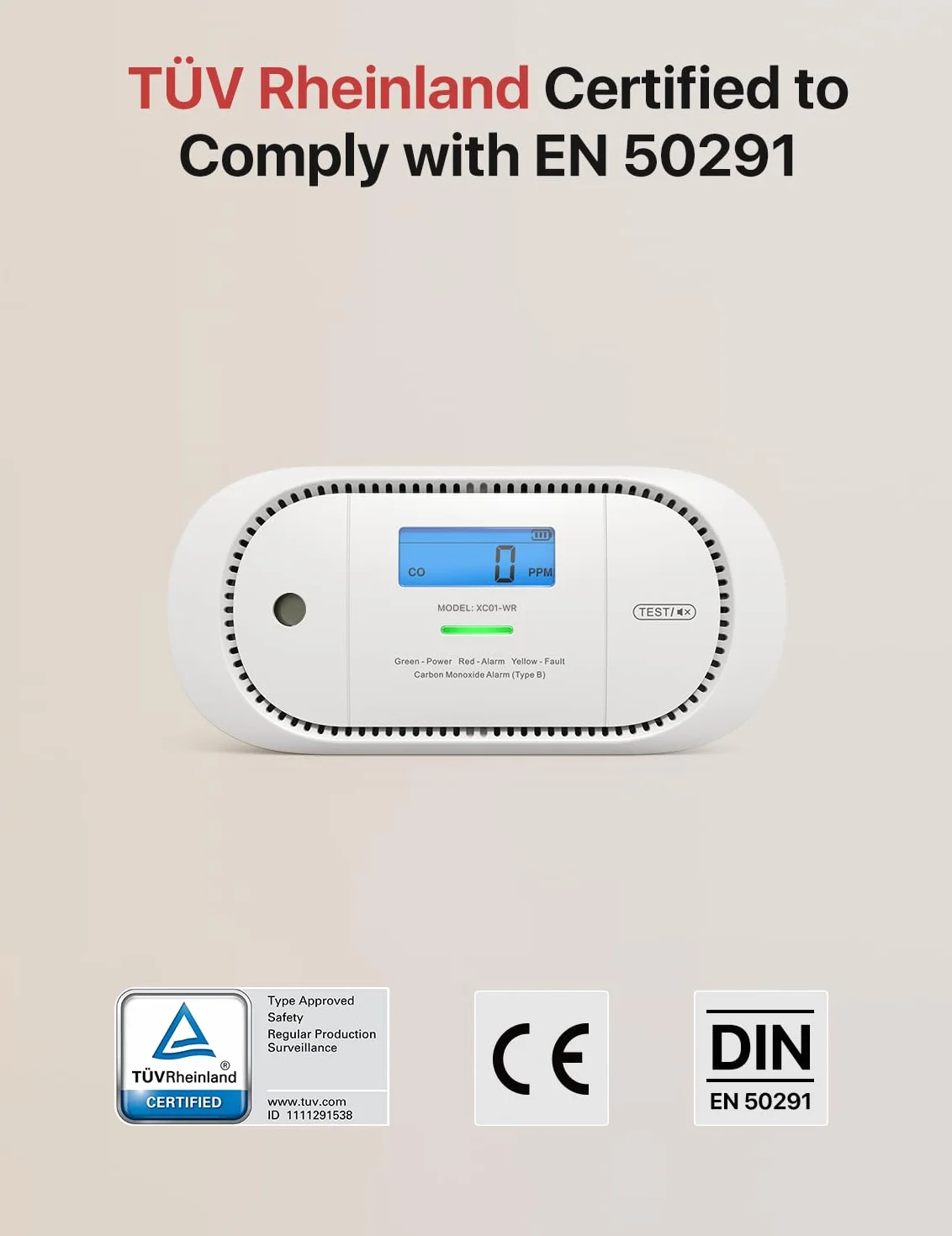 X-Sense Detector de monóxido de Carbono inalámbrico interconectado, Alarma de co alimentada por batería reemplazable con Memoria de Valor Pico, Cumple con el estándar EN 50291, XC01-WR, 1 Pieza