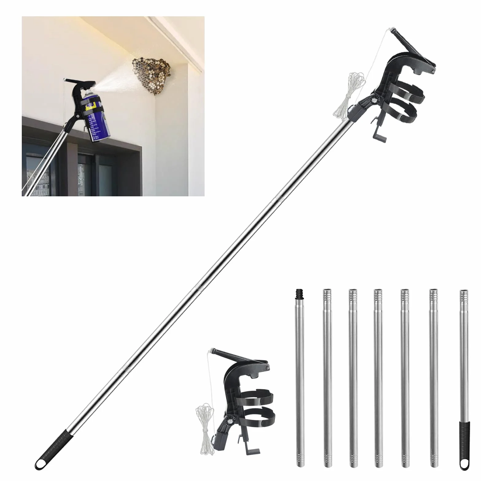 Adaptador de varillas de extensión, adaptador de pulverizador ajustable con barra telescópica de 2,8 m, extensión de lata de aerosol para lata de aerosol, color negro