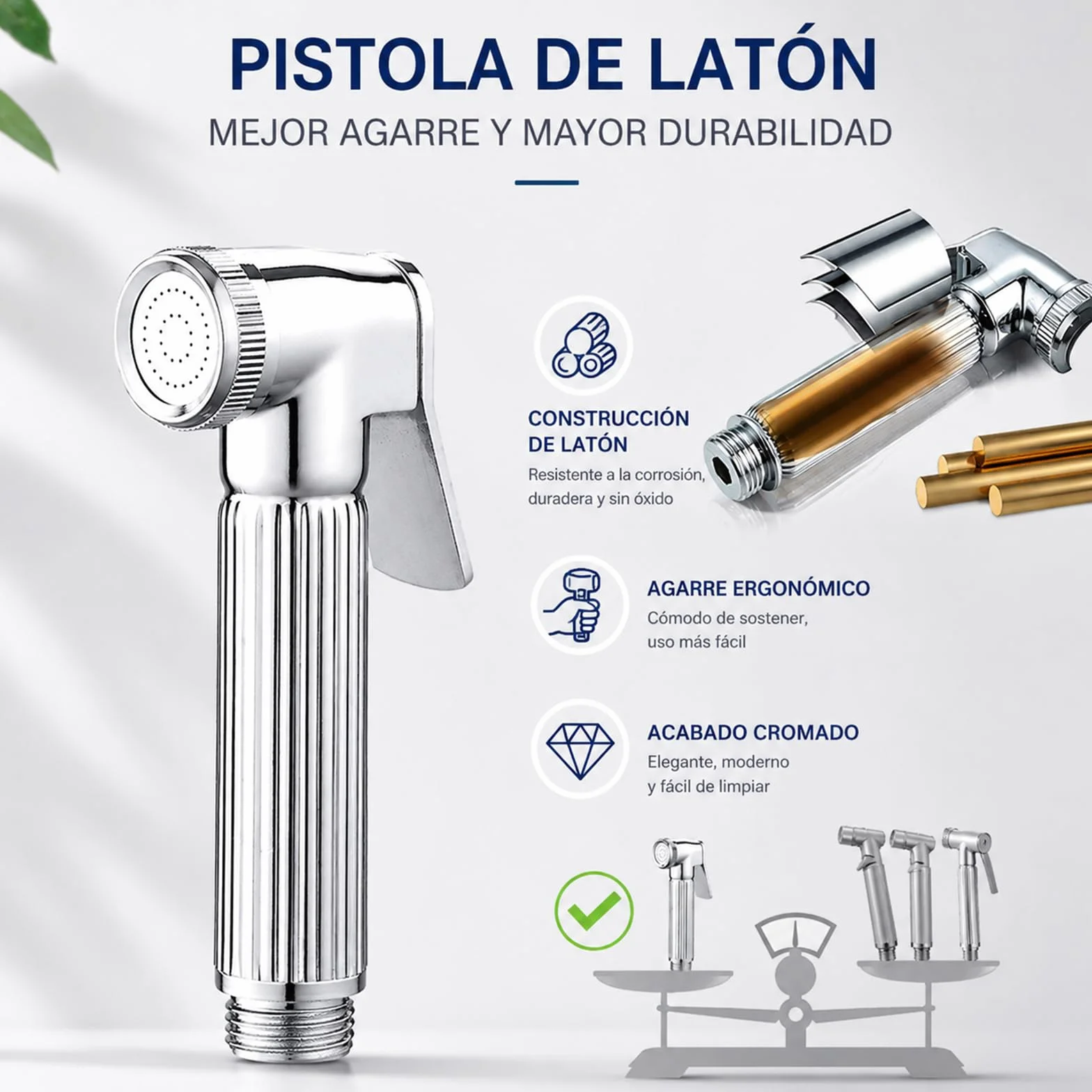 Ducha Higiénica WC con Doble Soporte, Latón Cromado | Manguera espiral flexible | Válvula ajustable | Pistola de latón | Kit bidé WC | Doble soporte