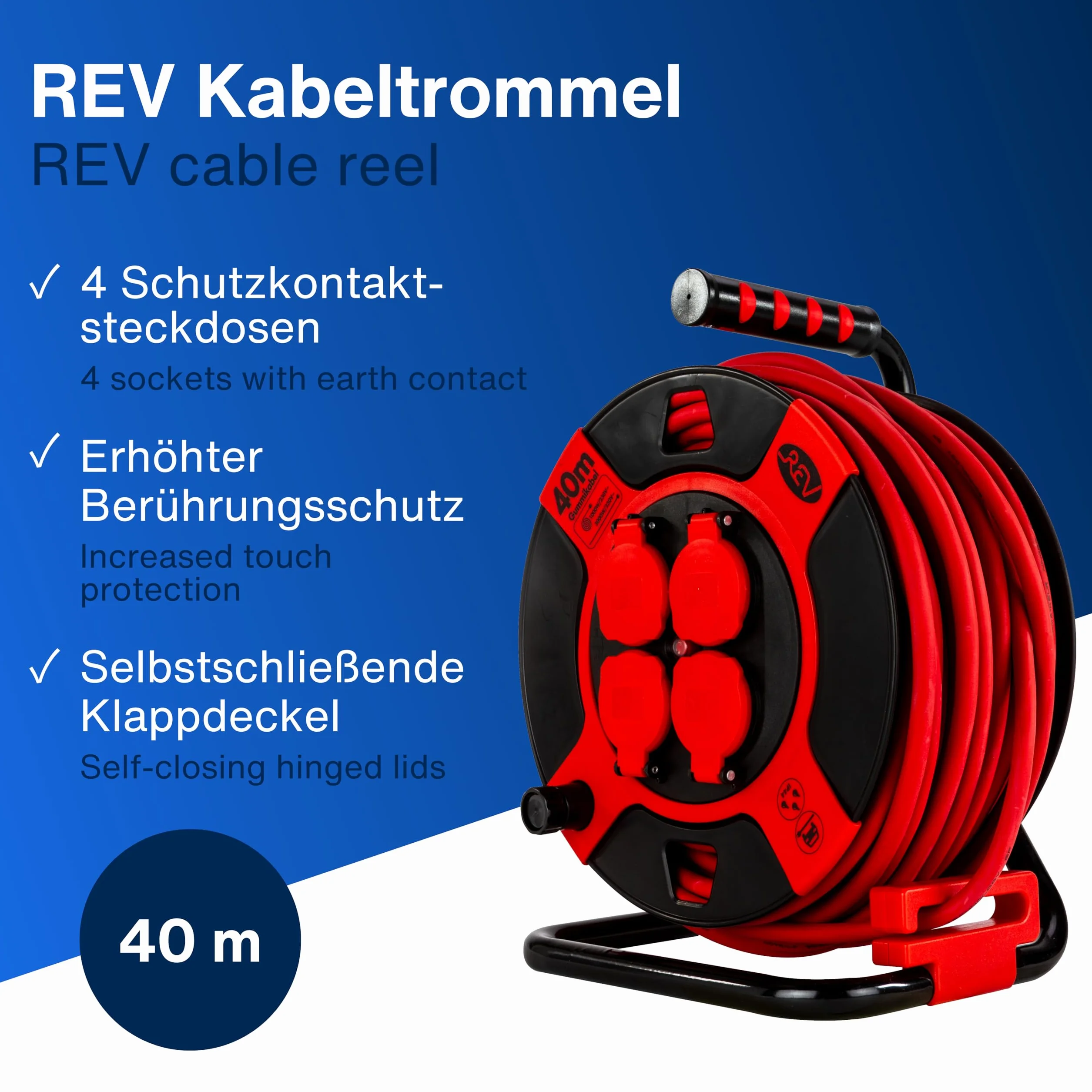 REV Carrete de cable EX, 40 m, H07RN, IP44, 3000 W, cable de extensión, exterior, 4 enchufes, interruptor térmico, rojo | Carcasa robusta | Cable: H07RN – ideal para exteriores