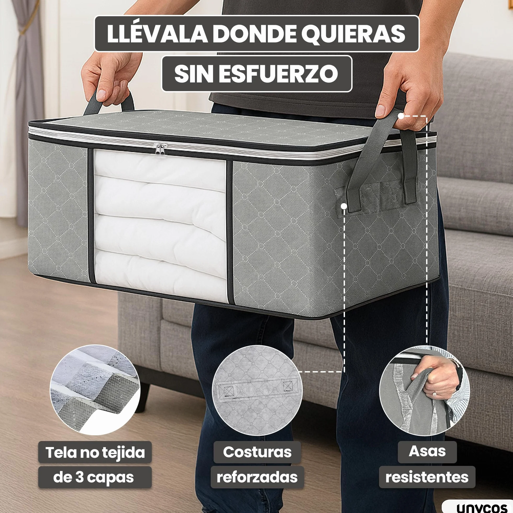 unycos Cajas Almacenaje Ropa 35L Bolsas Plegables Ventana Transparente Doble Cremallera Asas Reforzadas Organizador Toallas Edredones Juguetes 10 kg Grey Black