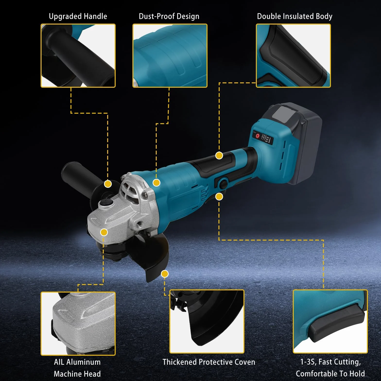 Amoladora angular de batería compatible con batería de litio Makita de 18 V, amoladora angular eléctrica sin escobillas con diámetro de disco de 125 mm, 3000-10000 rpm, para una separación y lijado