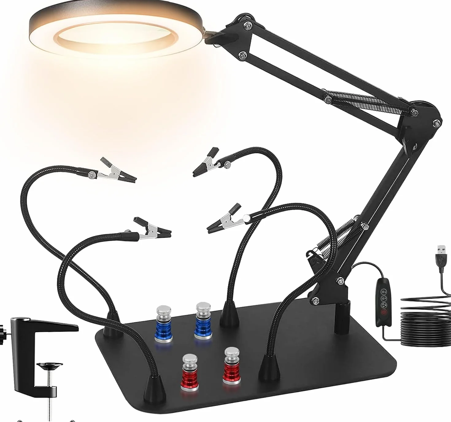 Soldadura de tercera mano, ayuda de soldadura magnética con 10 lupas de luz, estación de soldadura con 4 columnas de PCB y 4 brazos flexibles, ayuda de soldadura para soldadores, joyeros, artesanos,