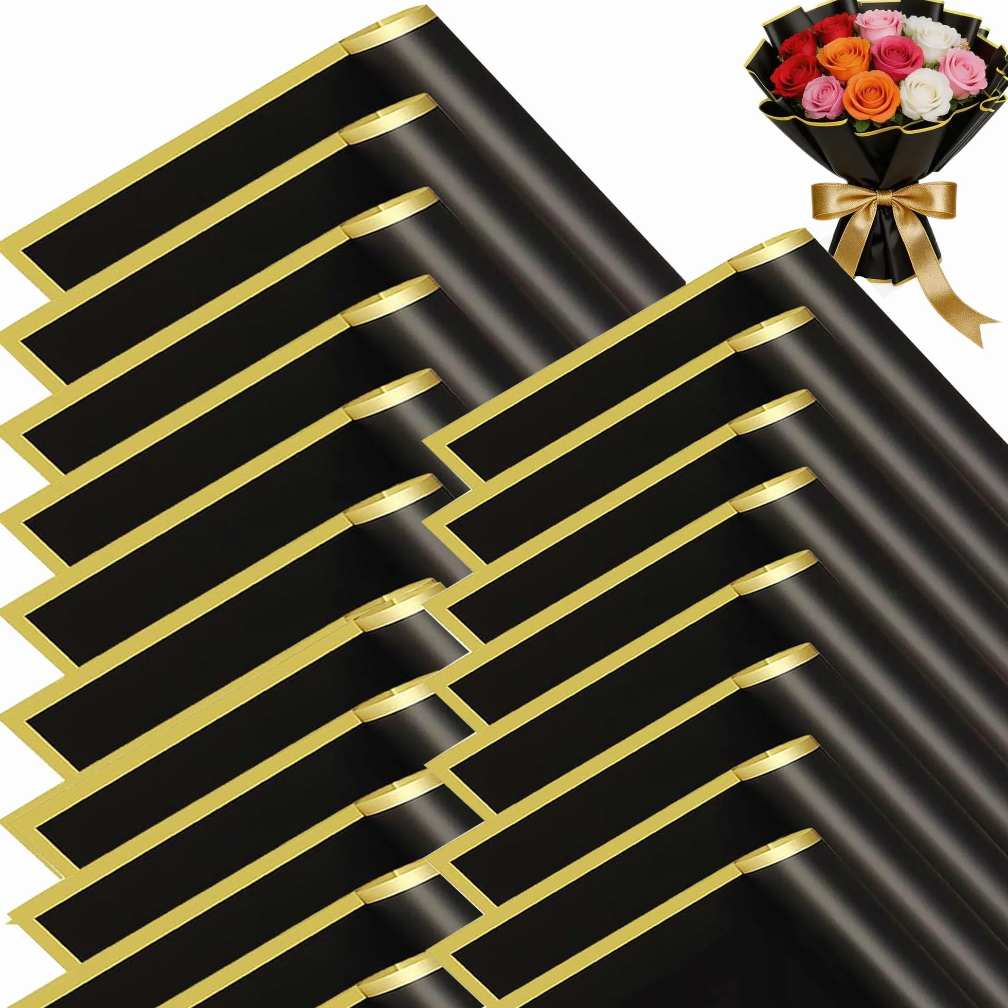 DMIMIA Papel Coreano Impermeable 20 Hojas 56x56 cm para Envolver Ramos Boda Regalo Floral Negro Borde Dorado