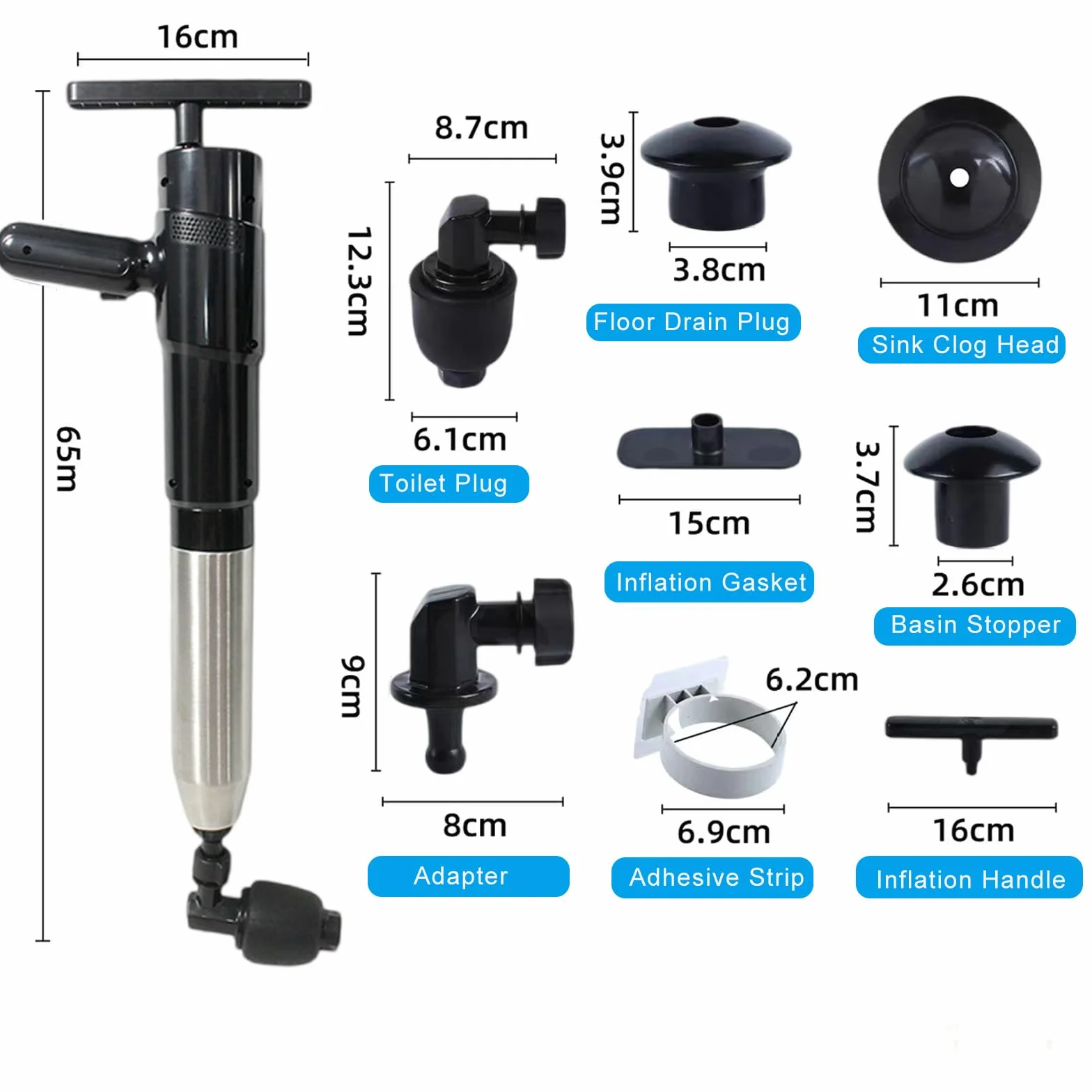 Limpiador de tuberías de aire comprimido de alta presión con compresión de aire, 4 ventosas, para inodoro, lavabo, baño, ducha, cocina, indicador de presión (negro)