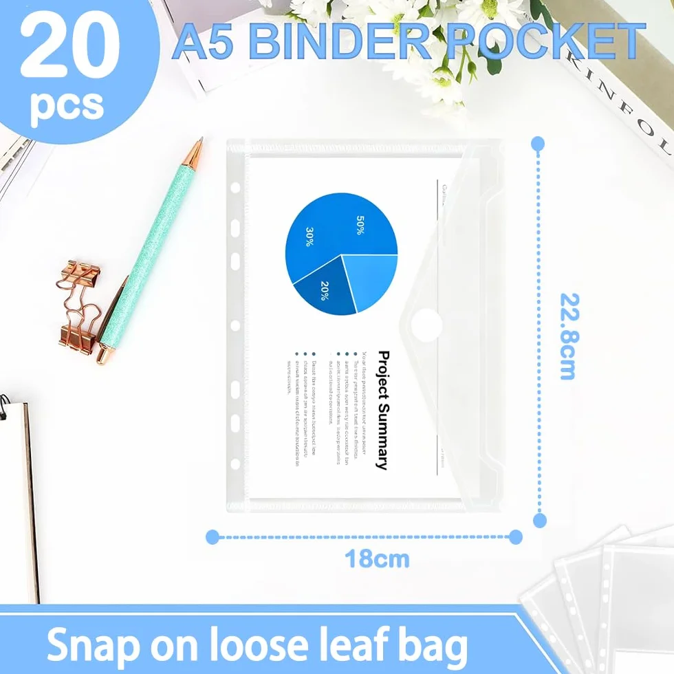 Carpeta A5 Plástico con Botón 7 Agujeros 22.8x18cm Transparente para Organización de Documentos