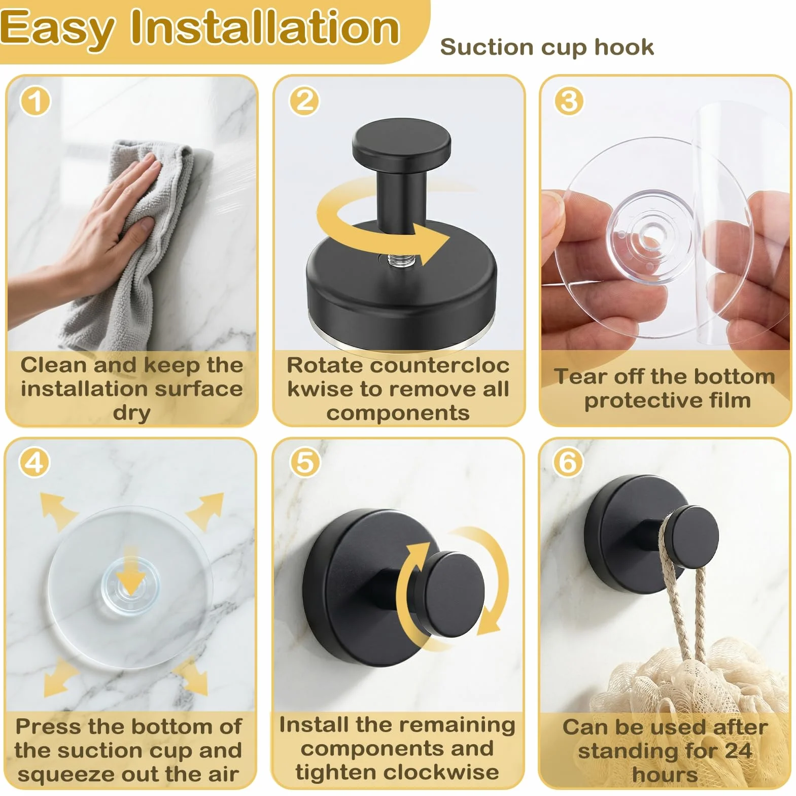 6 ganchos con ventosa, ganchos con ventosa, color negro, ventosa con toallero extrafuertes, reutilizables y extraíbles, ganchos para toallas de baño y cocina
