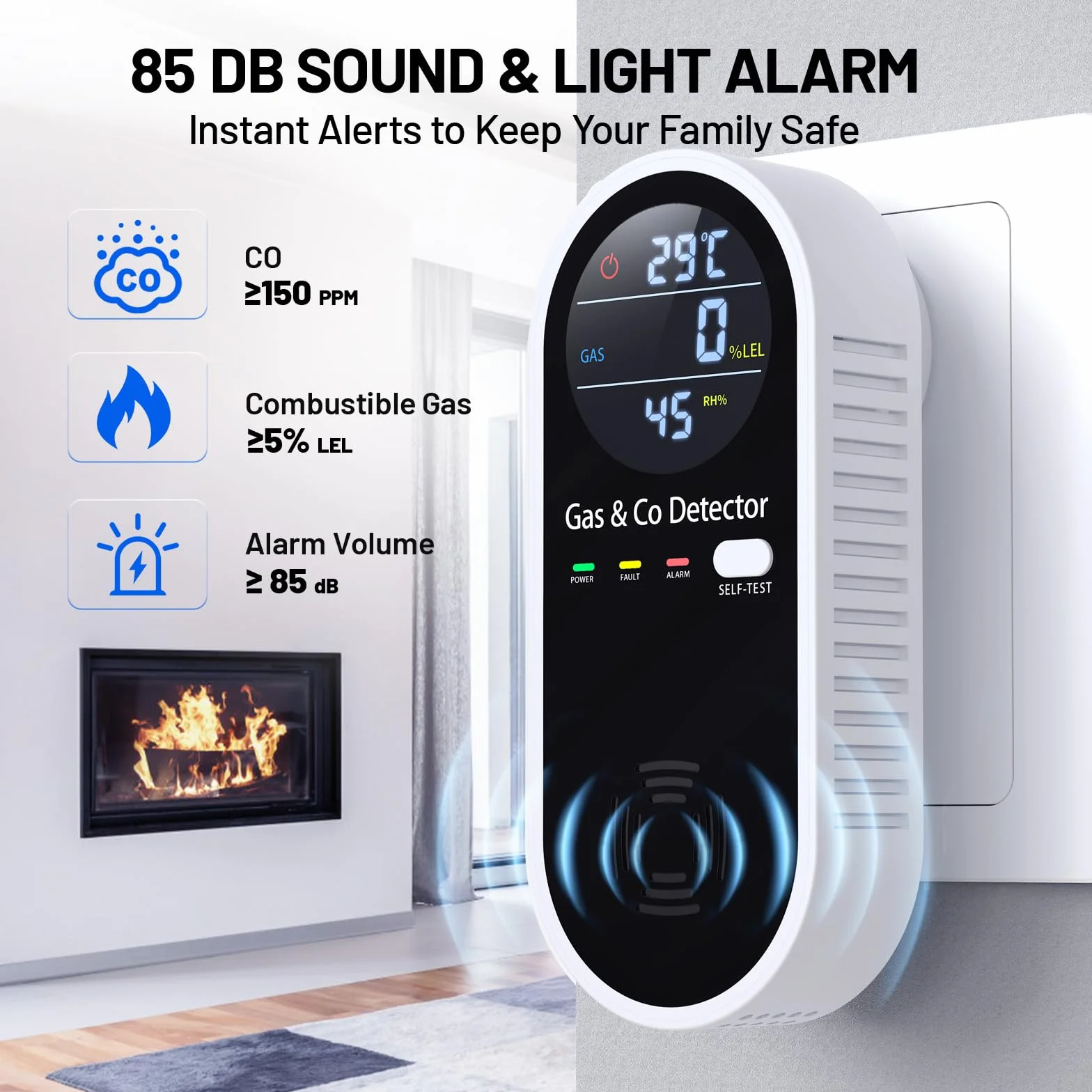 Detector Monóxido de Carbono y Gas 4 en 1 con Alarma acústica y Visual, Mide CO, Temperatura, Humedad y Gases, con función de autotest, Ideal para salón, Dormitorio, sótano, Oficina, YOJOCK