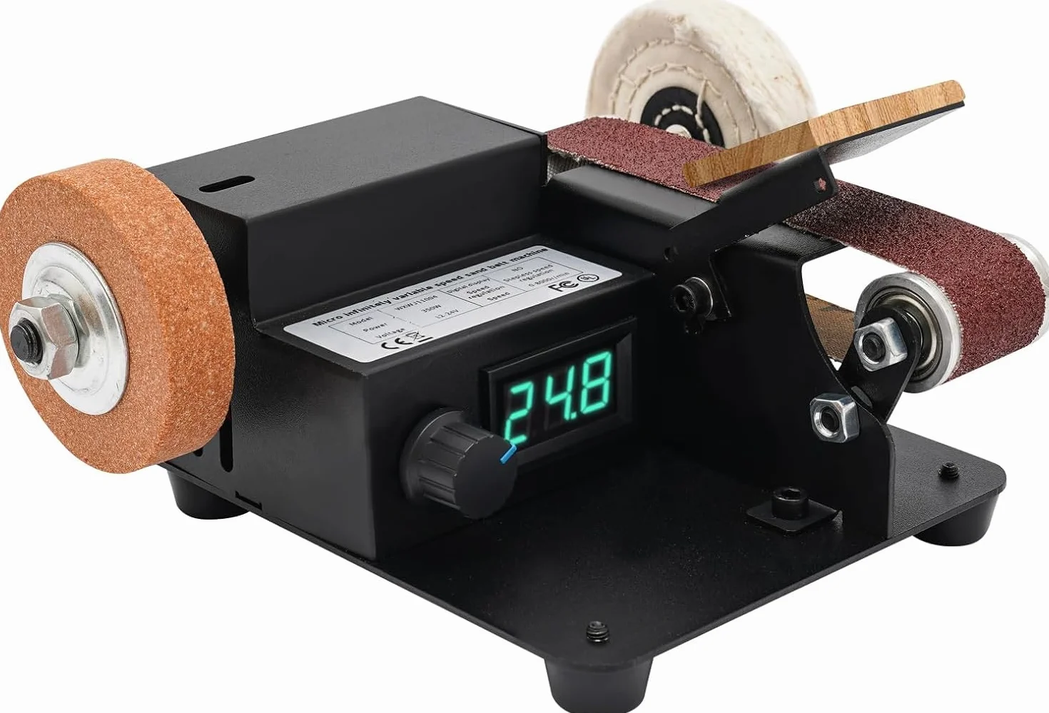 OUKANING Mini Band Sander 350W - Lijadora eléctrica para mesa con 0-10000 RPM, 7 velocidades de regulación de velocidad continua, incluye 10 bandas de lijado, disco abrasivo y accesorio de pulido como