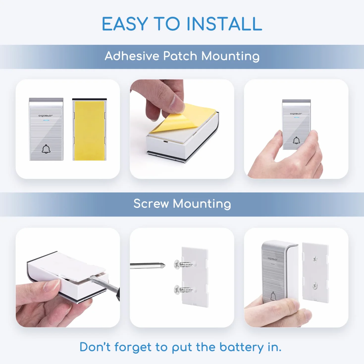 Aigostar Timbre inalámbrico con 2 Receptores, Timbre de Puerta con Indicadores LED, Impermeable IP44 para Interior y Exterior, 3 Niveles de Volumen y 36 Melodías, Plata