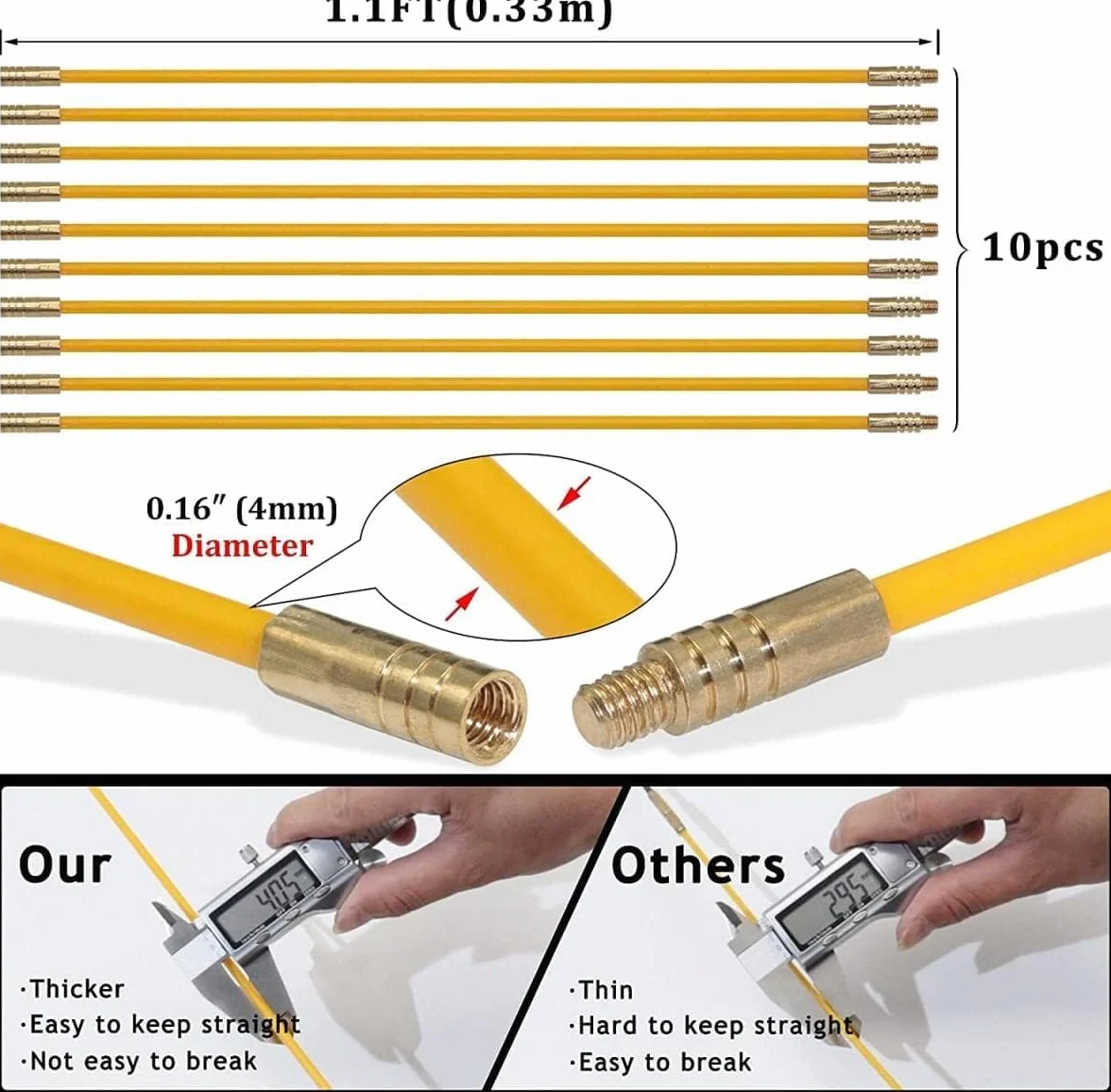 10PCS Varillas de Cable Varillas eléctricas con Gancho y Kit de Orificio Fibra de Vidrio Conexión eléctrica Kit de tracción de Cinta pasacables - Diámetro del Cable 4 mm Longitud 330 mm