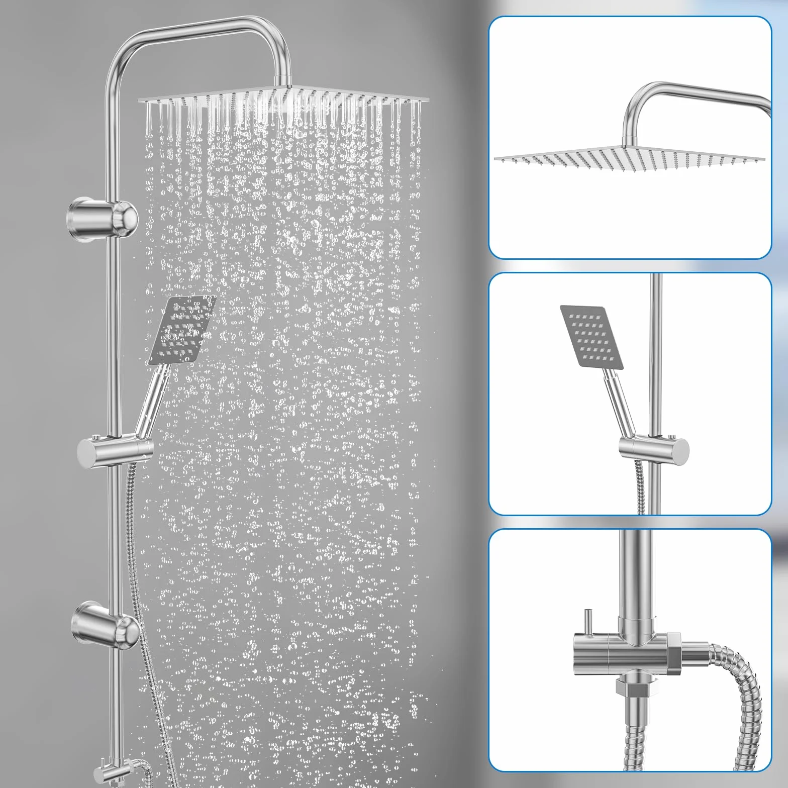 Columna Ducha Completa Acero Inoxidable Cromado Cabezal Lluvia 30x30 cm Soporte Ajustable