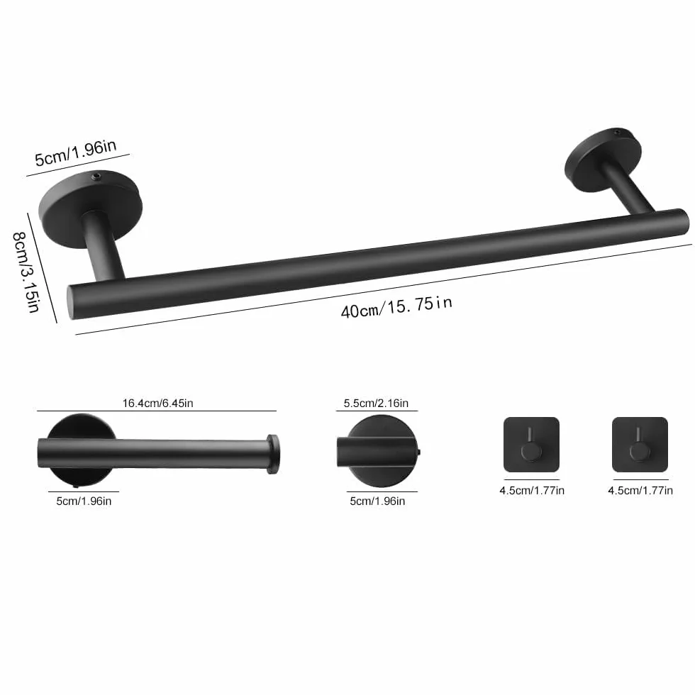 Toallero de Baño, Accesorios baño,Que Incluye 1 toallero, 1 portarrollos y 3 Ganchos. El Conjunto Completo Ofrece soluciones prácticas para el baño (Negro)