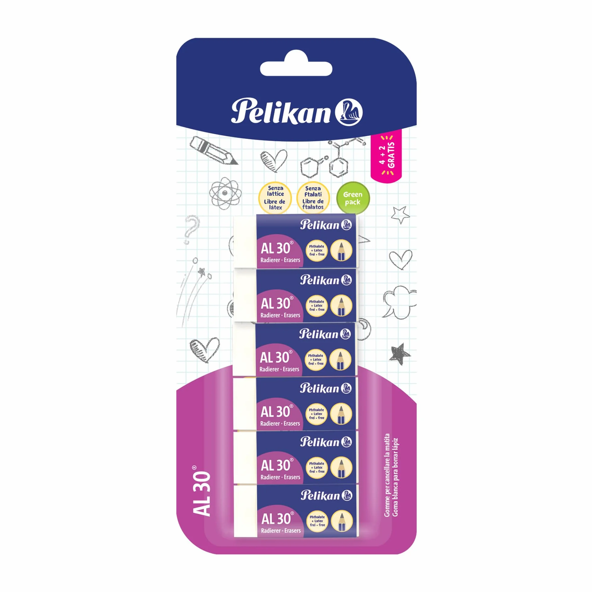 Pelikan Goma de Borrar AL 30 Blanco 6 Piezas 43x17x12mm para Dibujo Técnico y Escolar