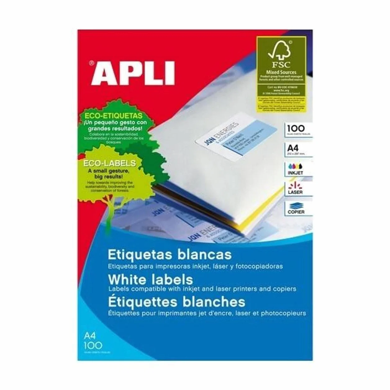 Apli Paper 1281 Etiquetas Adhesivas Blancas 100 h Inkjet Laser Copy 210x297 mm