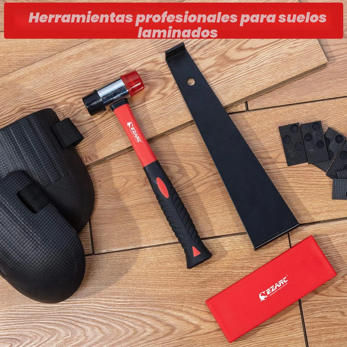 EZARC Kit de Suelo Laminado Instalación Madera con Martillo de Goma de Doble Cara, Rodilleras de Espuma, Bloque de Impacto, Barra de Tracción, 60 Espaciadores