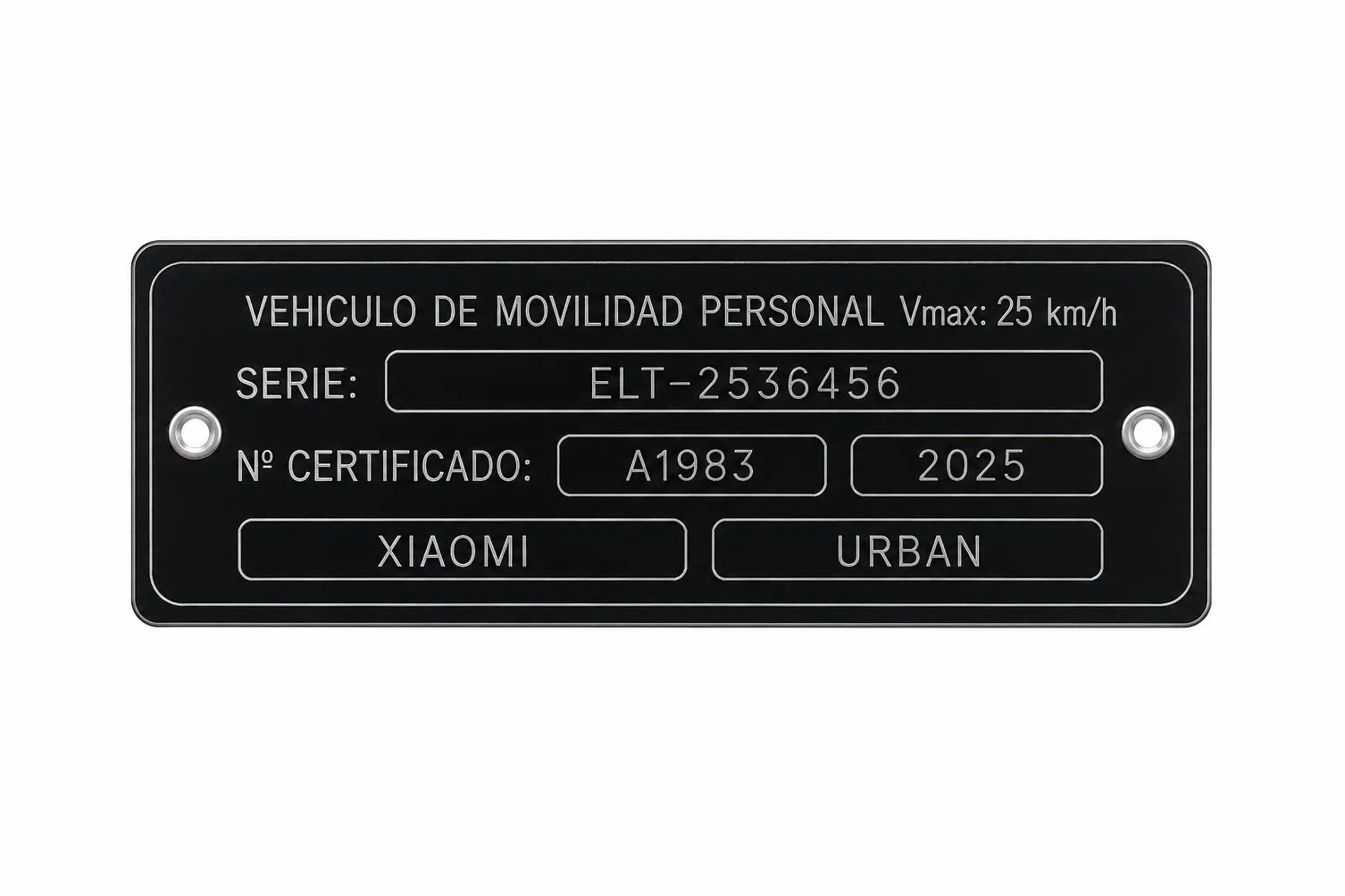 Placa Identificativa para Patinete Eléctrico VMP | Compatible con Normativa DGT | Aluminio Anodizado 104 x 30 mm | Grabado Láser Permanente | Placa Identificación para Patinetes Eléctricos |