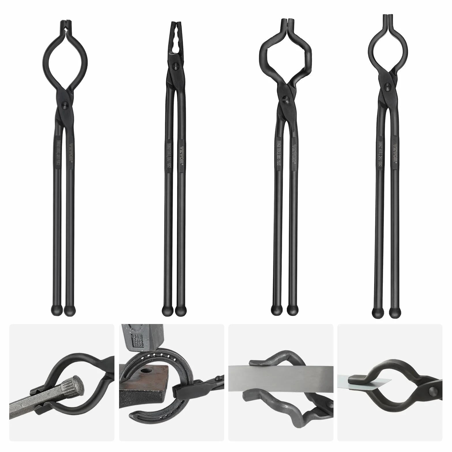 VEVOR Juego de Pinzas de Herrero de Acero al Carbono 4 PCS Pinzas de Forja 46 cm en Forma de V, Boca de Lobo, Forma de ZV, Alicates de Agarre Mango Largo Operación Segura Equipo Básico para Herrero