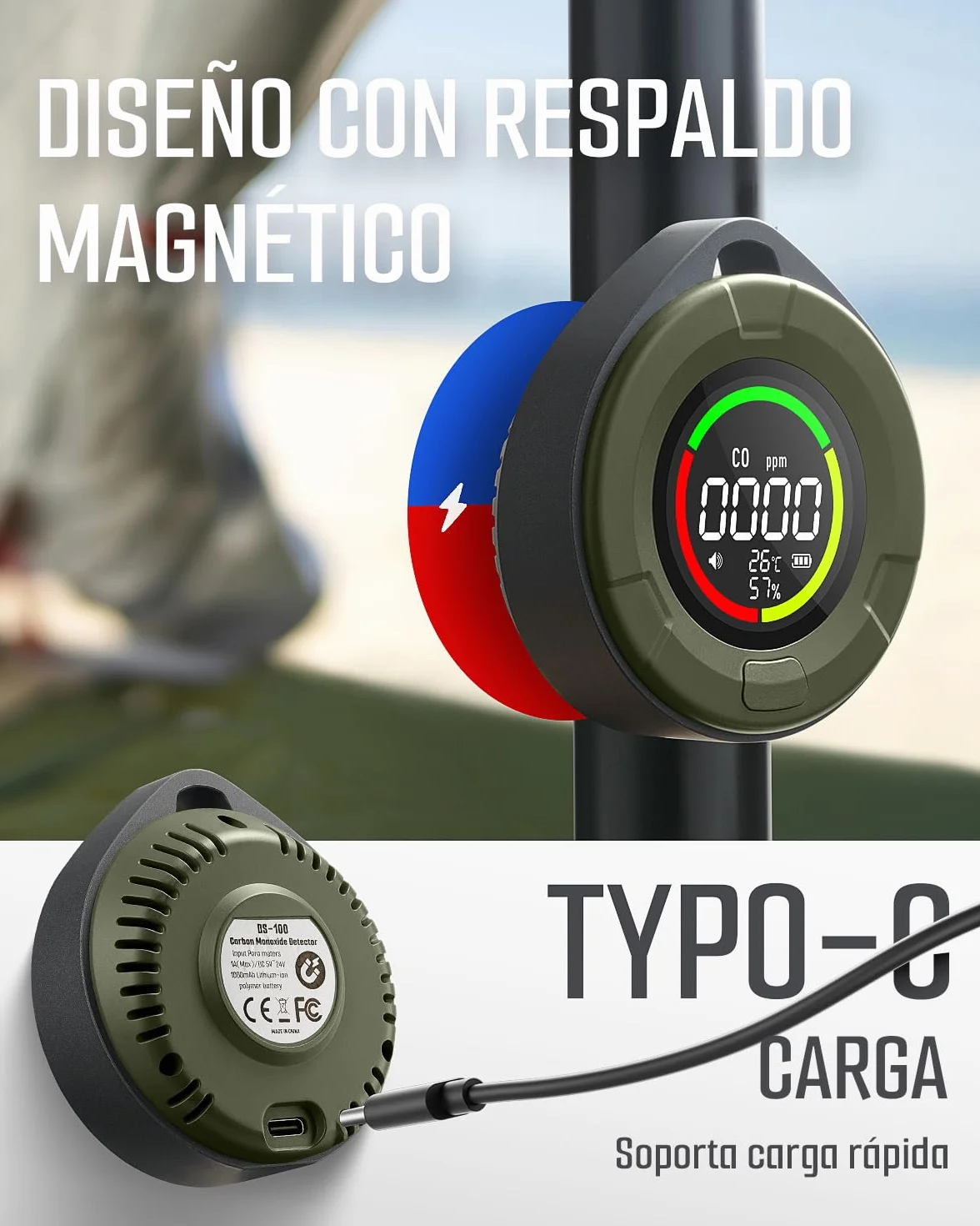 Detector de monóxido de Carbono portátil GasDoc DS-100, Detector de CO 3-en-1 para Viaje & Camping, medidor de CO Recargable con Alerta Audible & Visual, Alarma para hogar & Coche - Bosque Oscuro