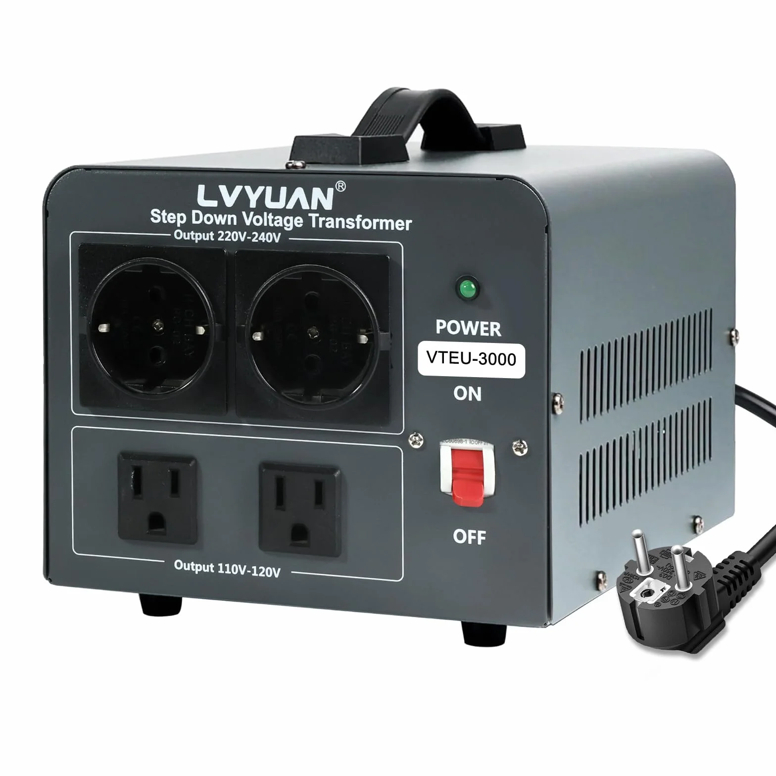 Cantonape Transformador Convertidor de Voltaje Step Down, VTEU-3000, 220V-240V a 110V-120V, con Interruptor ON/OFF, Protección de Circuito Reseteable, 2 Salidas 230V y 2 Salidas 110V
