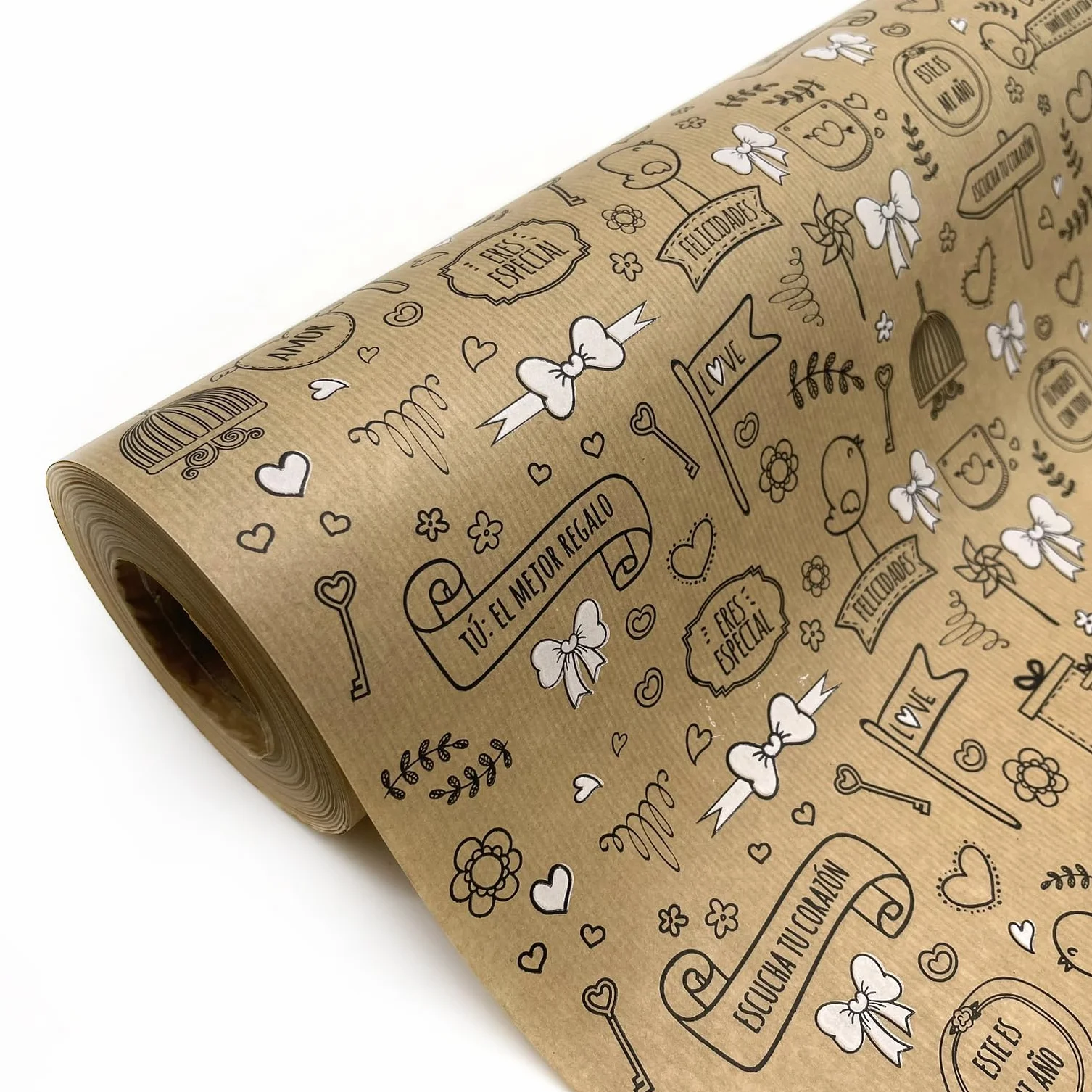 Papel de regalo kraft verjurado 62cm x 100m rollo frases positivas