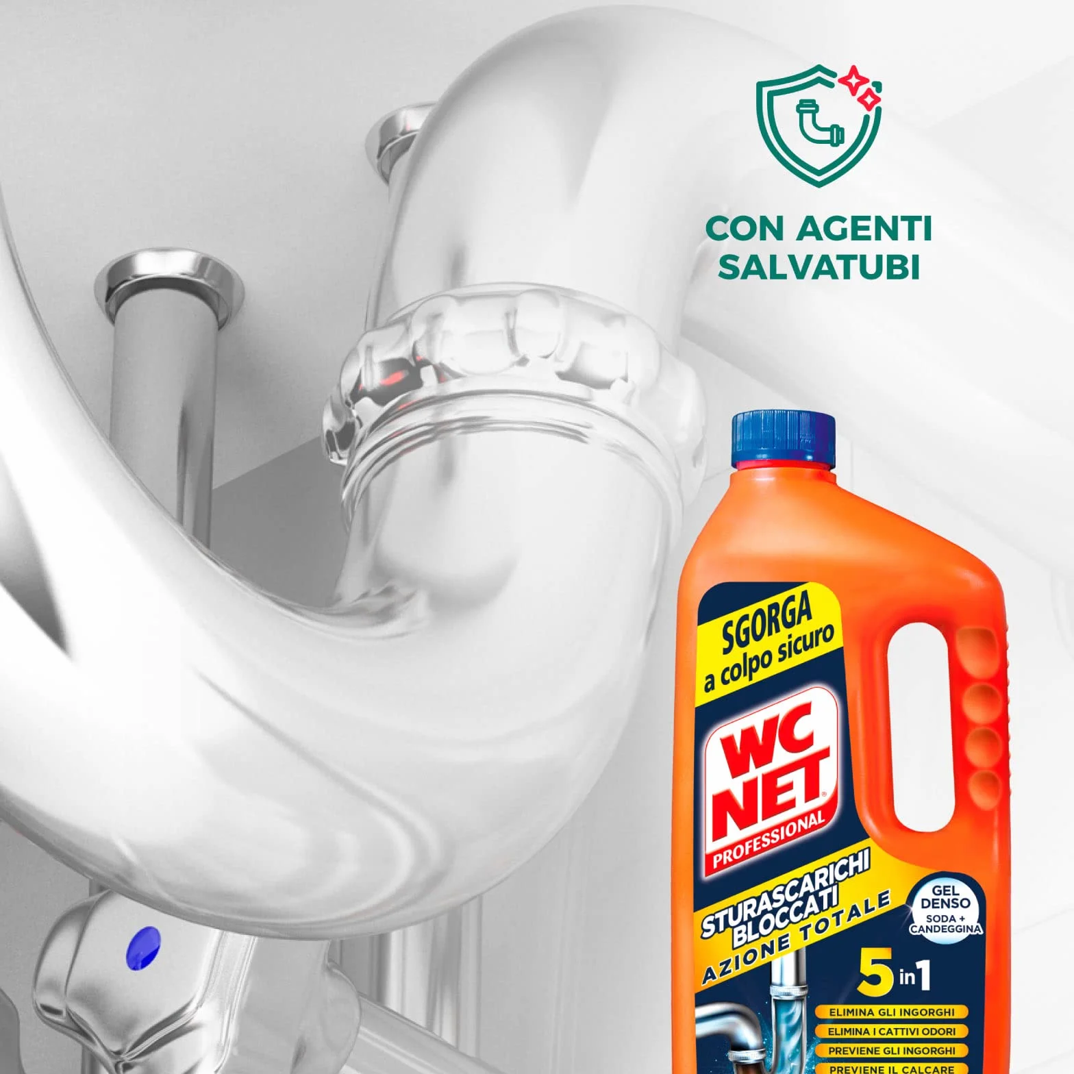 Wc Net Professional – Desatascador 5 acciones en 1, desatascador de tuberías y antical, 1000 ml x 4 paquetes