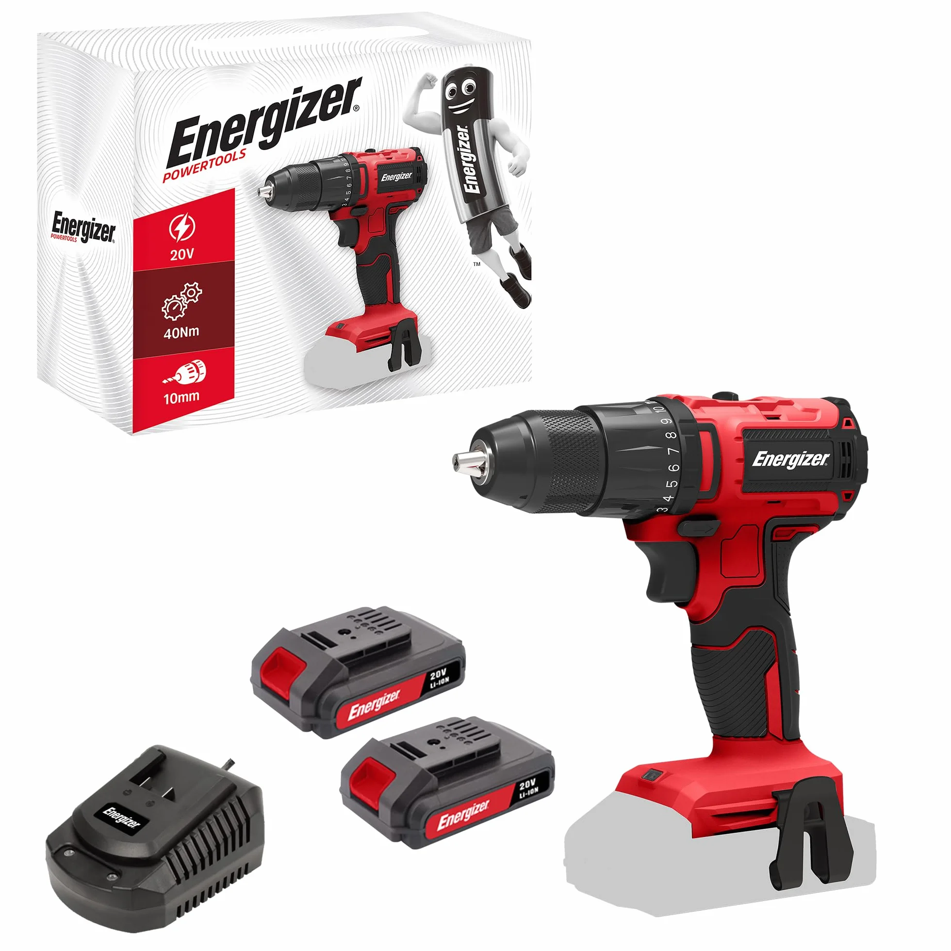 Energizer - Taladro atornillador inalámbrico 20V ultraligero, torque 40 Nm, 2 velocidades (1850 RPM), portabrocas de 10 mm, incluye 2 baterías 20V 2AH + cargador rápido, herramienta de alto rendimient