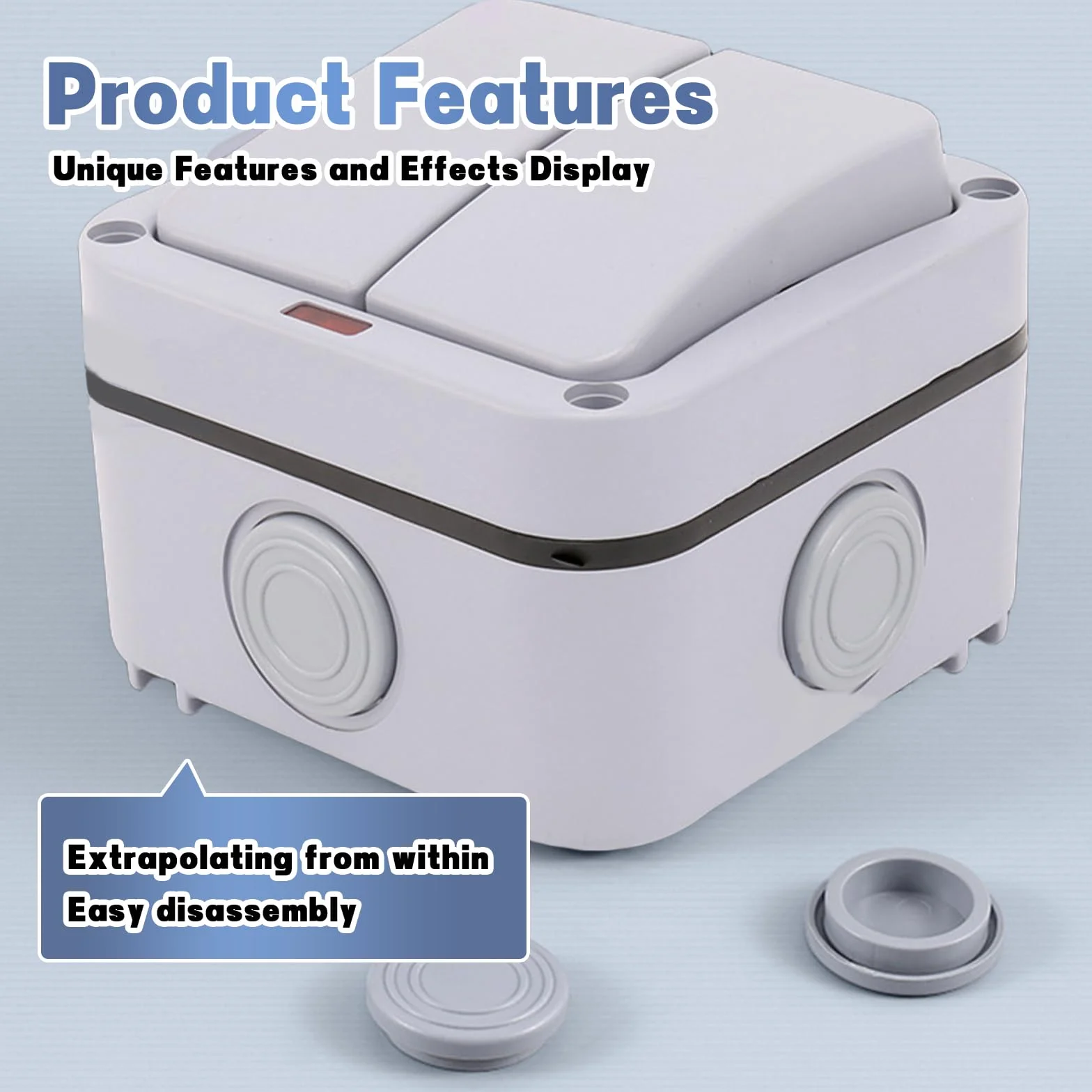 Sporgo Interruptor Universal Doble Resistente a la Intemperie - 20 A, IP66, Resistente al Agua Con Luz de Control - Gris Para Exterior, Jardín