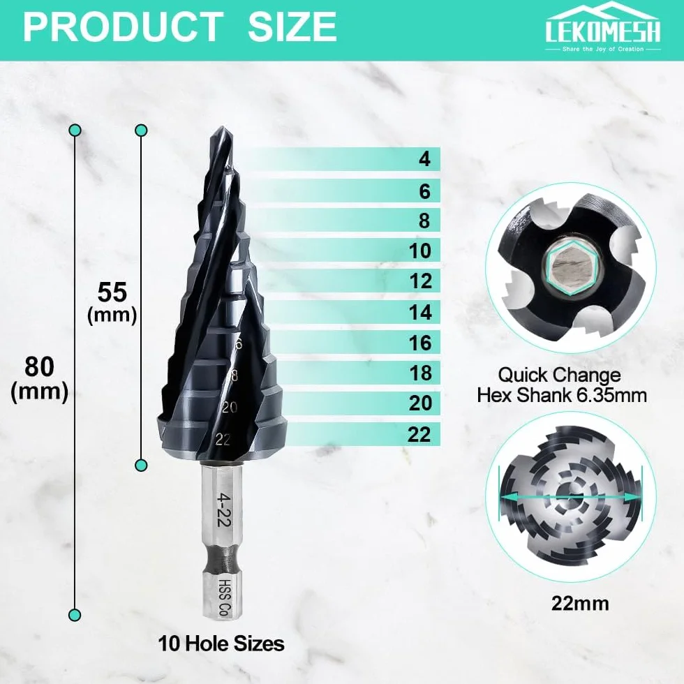 Broca Escalonada M35 Co HSS con Recubrimiento AlTiN (4-22mm), Broca Cónica de Alta Dureza para Acero Inoxidable y Metales Duros, Vástago Hexagonal de Cambio Rápido, 10 Pasos para Bricolaje