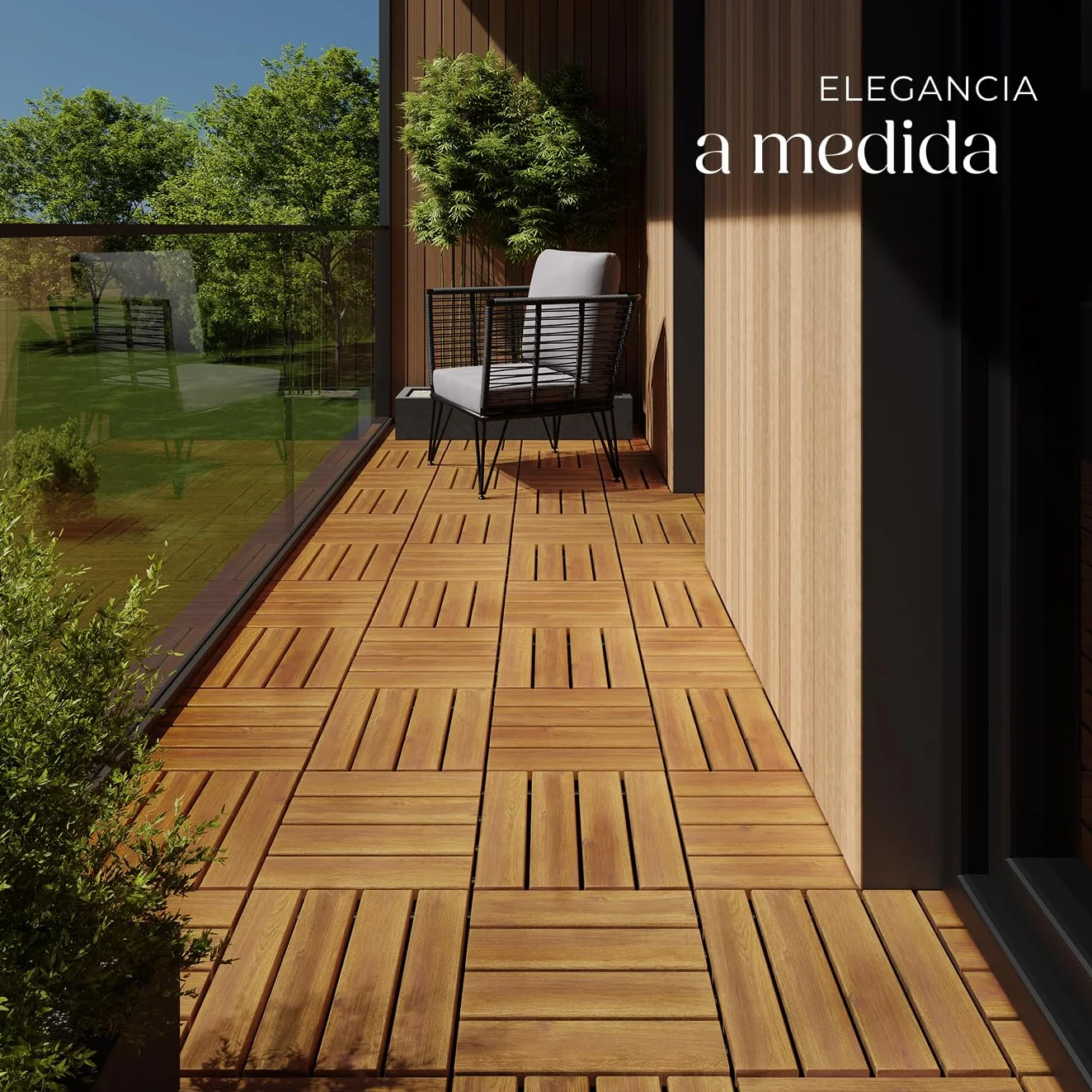 tectake® Set 40x Baldosas Jardín Exterior con 4 Tablones Madera de Acacia, 31 x 31 cm, Suelo Jardín con Base de Rejilla y Drenaje, Montaje Sistema Clic, Área 1,922 m2- Madera