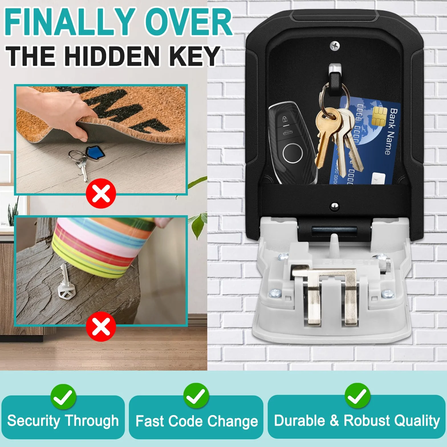 Caja de Seguridad para Llaves Exterior Impermeable Cajetin con Codigo 4 Dígitos Grande Resistente Pared Cajas Seguridad Combinación para Hogar Garaje Oficina Gimnasio