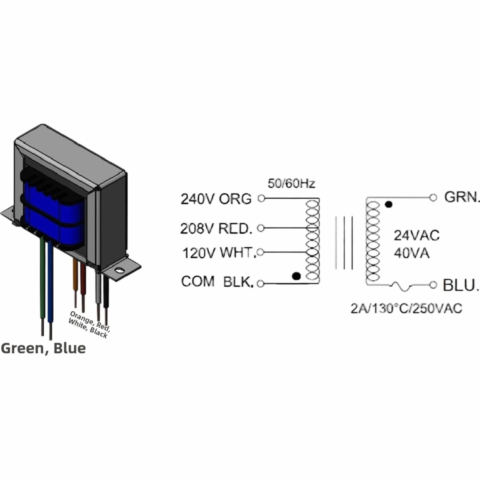 Transformador de control monofásico 24 V 40 VA para HVAC HVAC Horno Calefacción Climatización Voltaje de entrada 120/208/240V 50/60Hz Clase de aislamiento B Carcasa de metal Plata Compacto