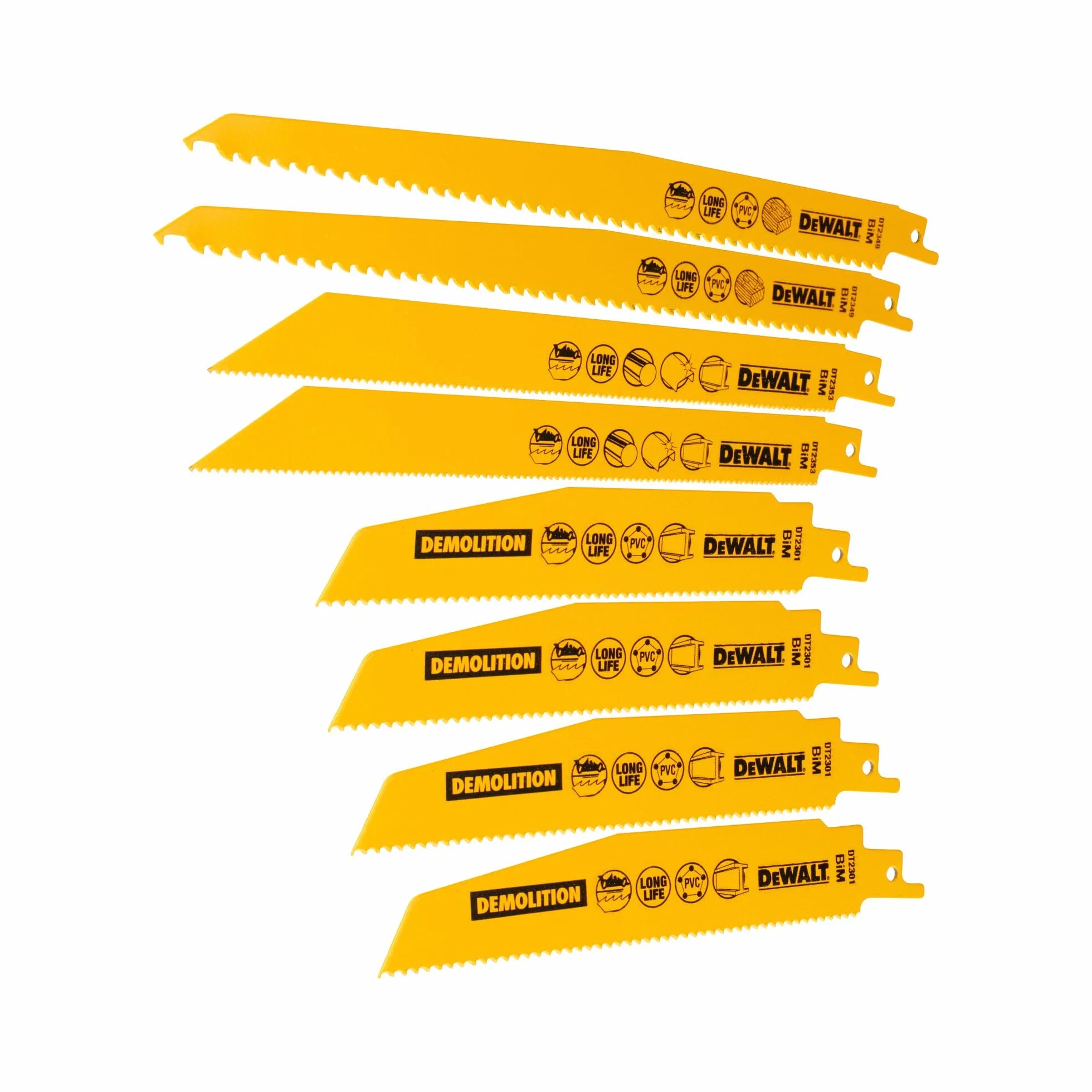 DEWALT DT2442-QZ - Kit 8 hojas de sierra de sable, Bi-metal, Dentado patentado para aplicaciones exigentes, para madera, madera con clavos y metal