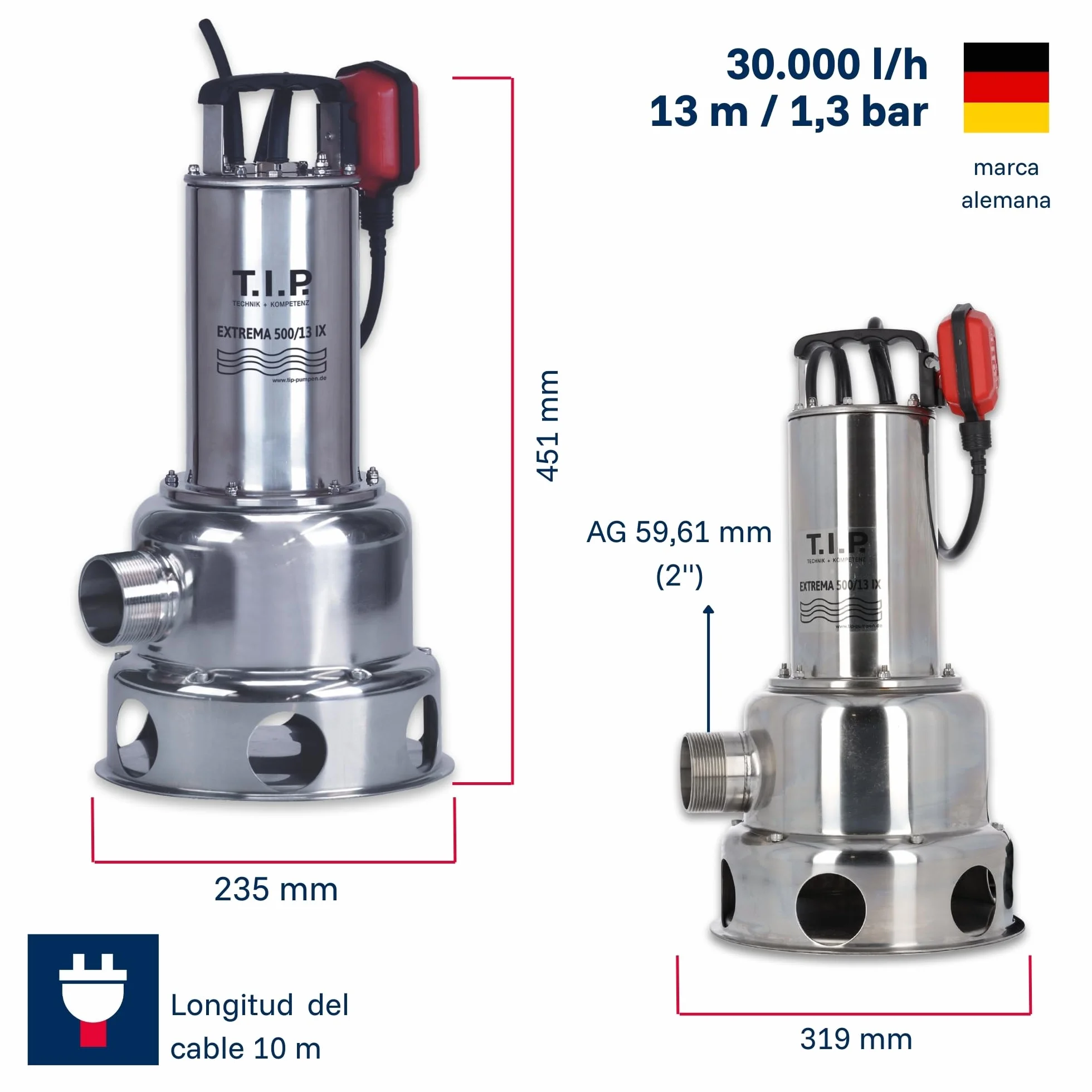 T.I.P. 30171 Bomba sumergible para aguas residuales Extrema 500/13 PRO de acero inoxidable 30 000 l/h