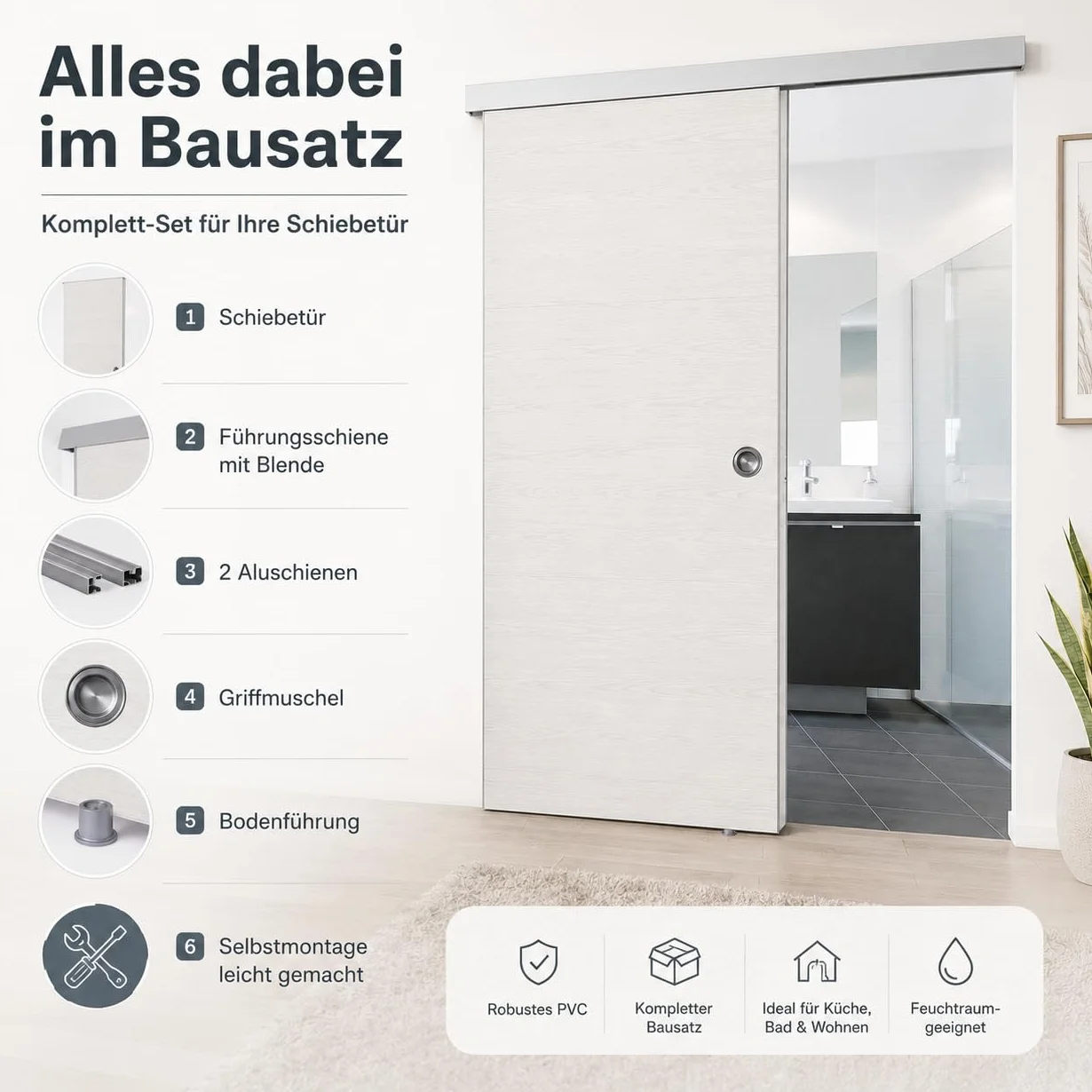 Puerta corredera de plástico, Grosfillex, 79450C06, kit completo, 87,4 x 216,8 cm, color madera blanco