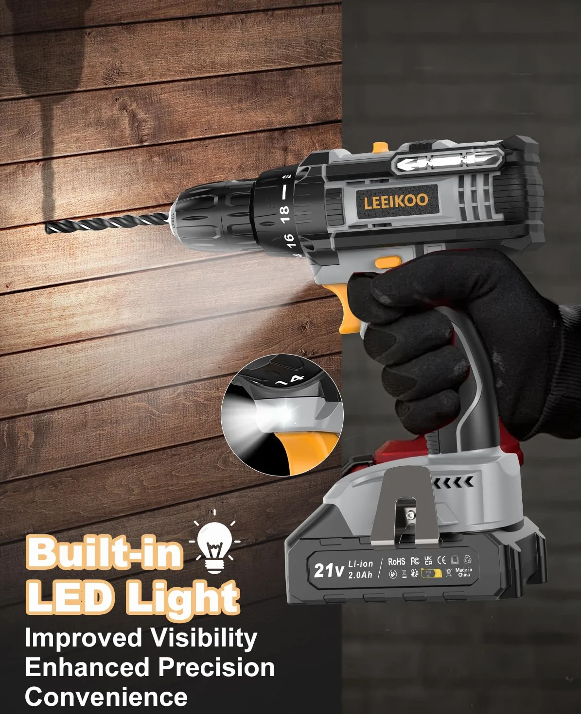 Taladro Atornillador Batería, LEEIKOO Atornillador Electrico 21V, 42N.m con 2 Baterías 2.0Ah, 18+1 Ajuste de Par, 2 Velocidad, LED Luz, 14 Accesorios Para Hogar, Bricolaje, Gris