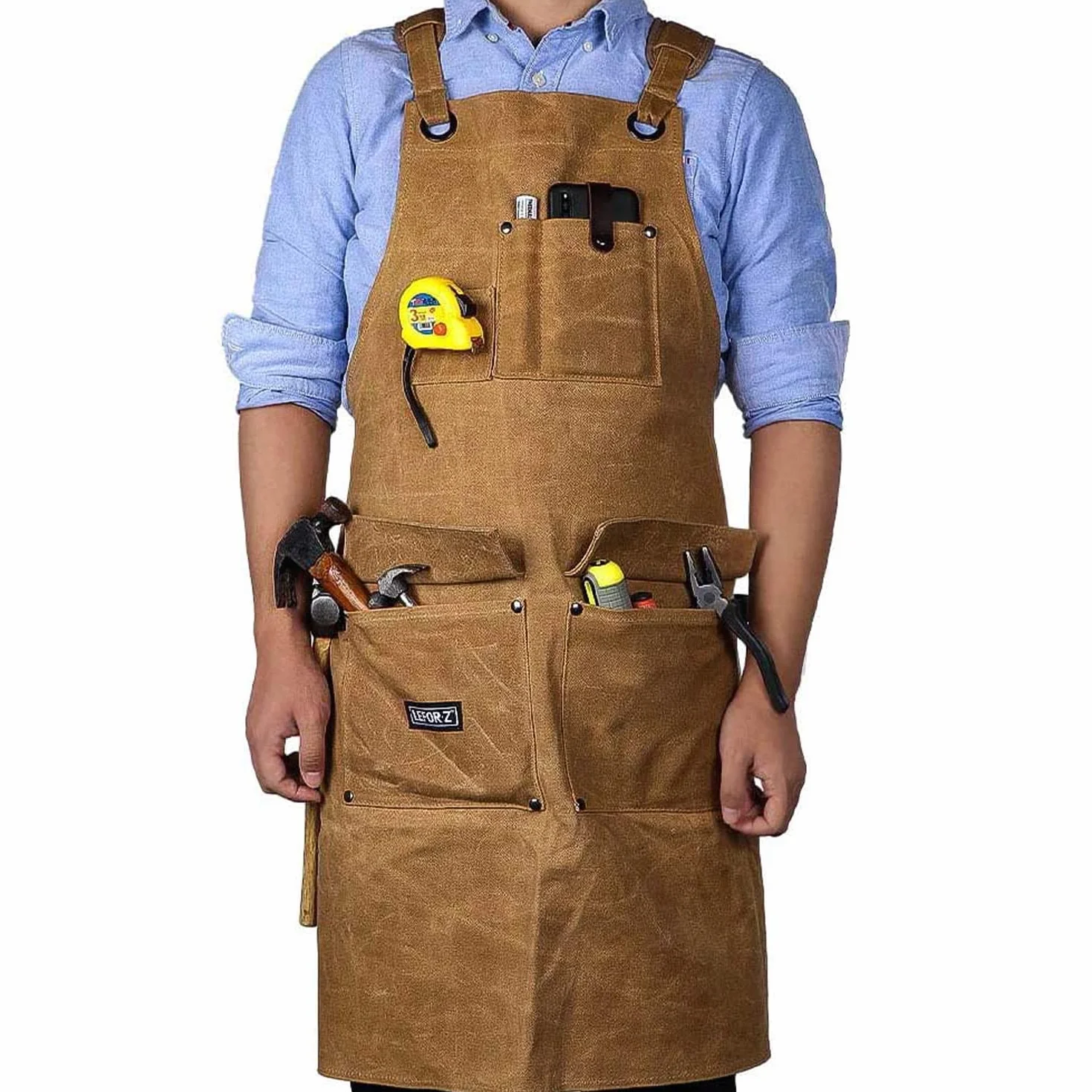 LEFOR·Z Work Apron for Men, Heavy Duty Waxed Canvas Tool Apron for Carpenter, Woodworker with Cross-Back Straps, Adjustable M to XXL