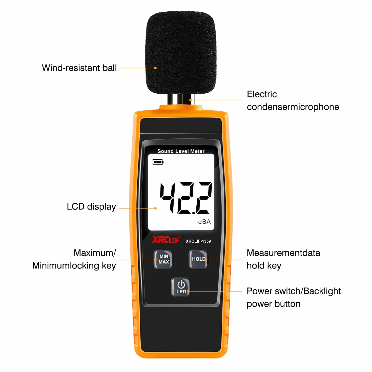 Sonometro Digital de Nivel de Sonido de Mano con función de Valor de Alarma programable, medidor de Ruido de decibelios de 30-130 dB (A), medidor de Ruido de Sonido con Pantalla LCD, función de