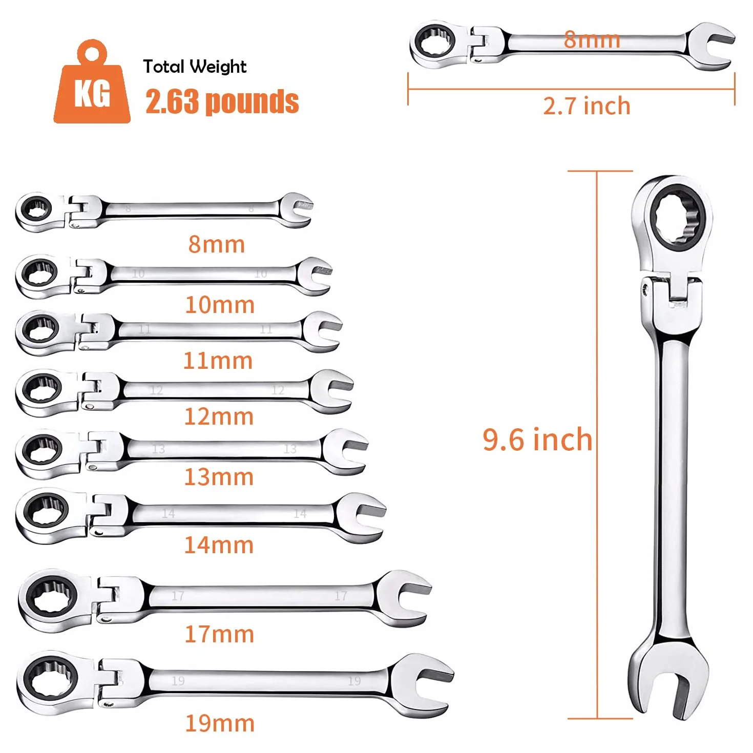 Juego de 8 llaves combinadas de trinquete de cabeza flexible, llave métrica de acero al cromo vanadio de 8 a 19 mm, llaves de trinquete de anillo de engranaje con bolsa rodante