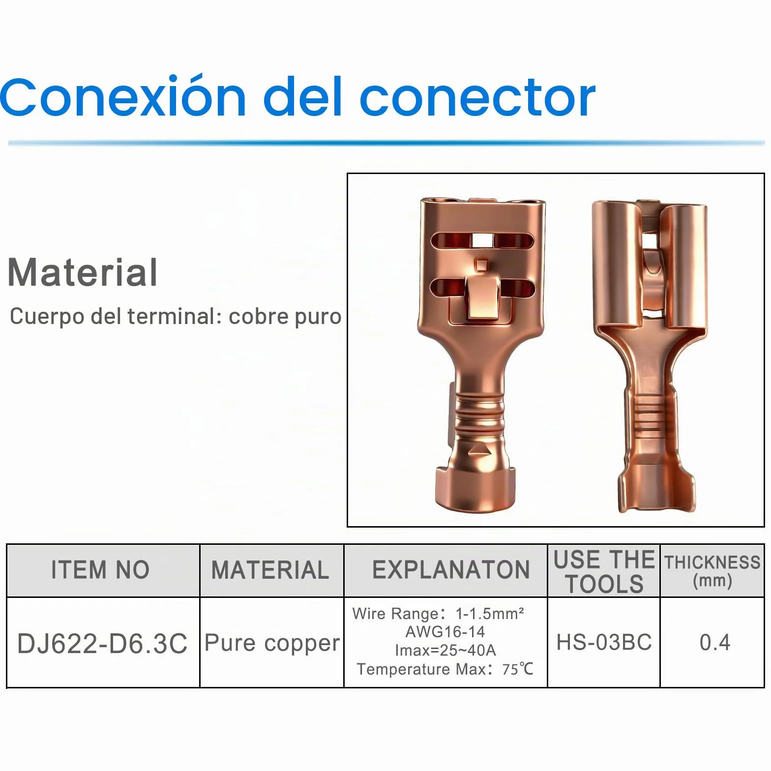Heschen 100 terminales de crimpado de pala 6,3 mm latón no aislados para cables 1-1,5 mm²