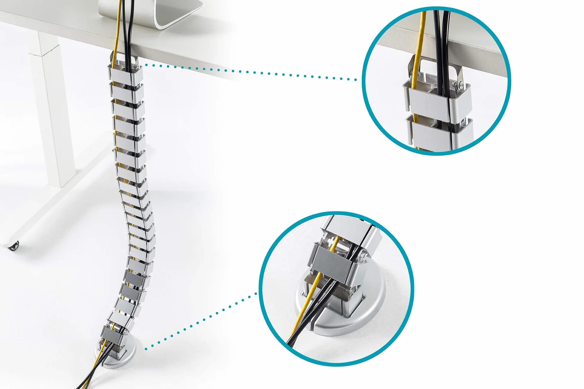 DIGITUS Guía de cables vertical - Gestión de cables flexible para el escritorio - Base metálica - Altura del escritorio hasta 130 cm - Plata