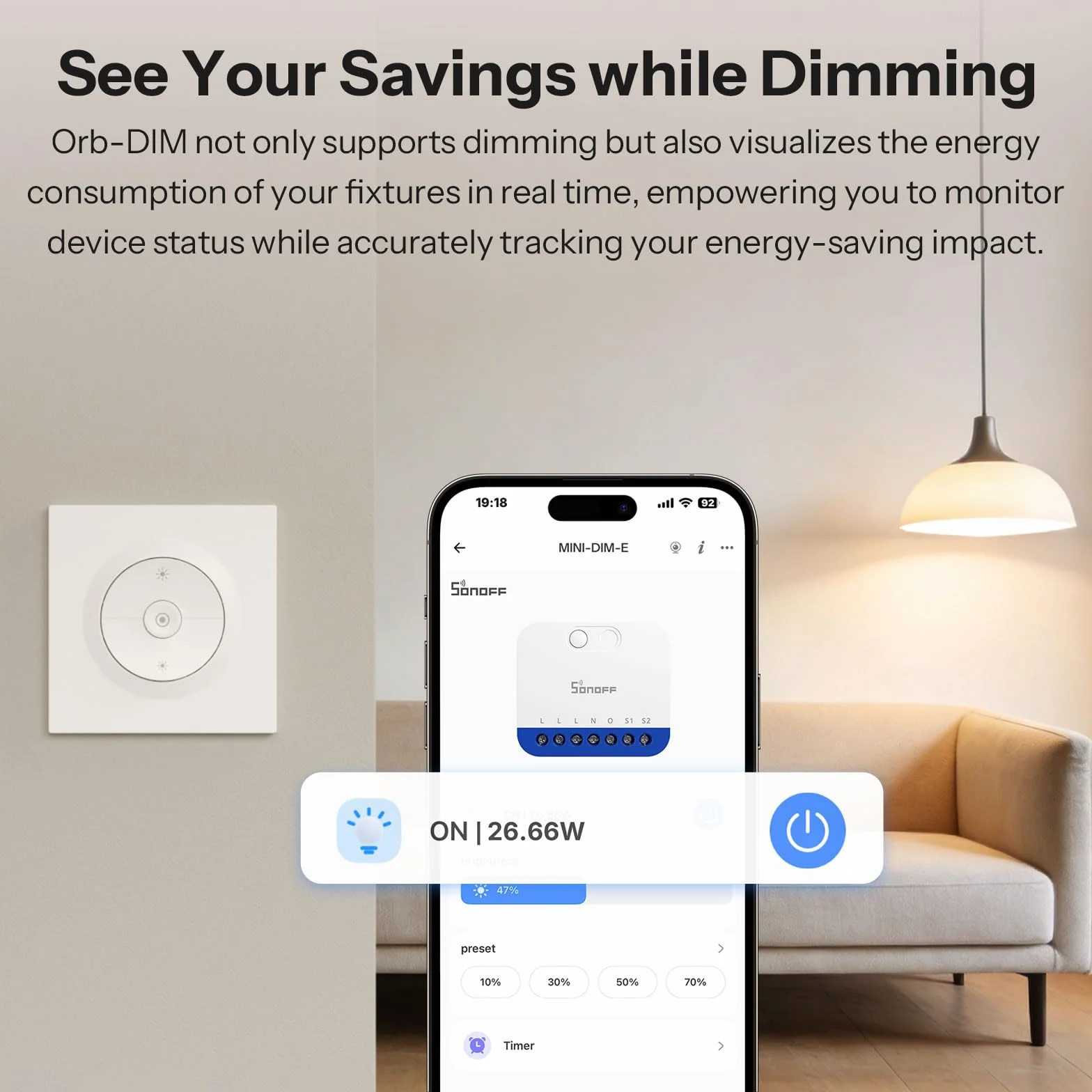 SONOFF Fusion, Orb-DIM(MINI-DIM-E), Interruptor Regulador Inteligente Matter, Wi-Fi 2.4GHz, Cable Neutro Requerido, para Lámparas LED/Incandescentes/Halógenas Regulables, Compatible con Siri y Alexa