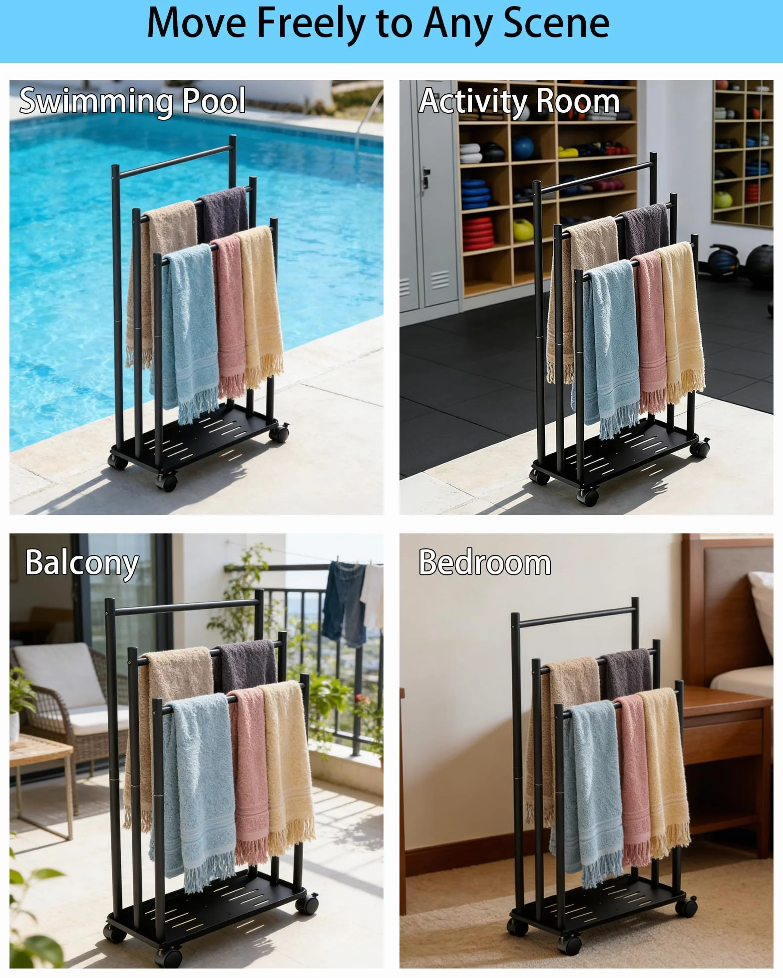 Toallero de Pie de 3 Niveles, Toallero Escalera con Estante y Ruedas, Ahorra Espacio, Material Metálico, Toallero de Piscina para Exteriores, para Baños, Salón, Negro